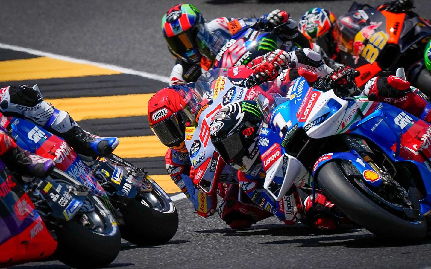 Bagnaia came from the middle of the second row to jump out in the lead.