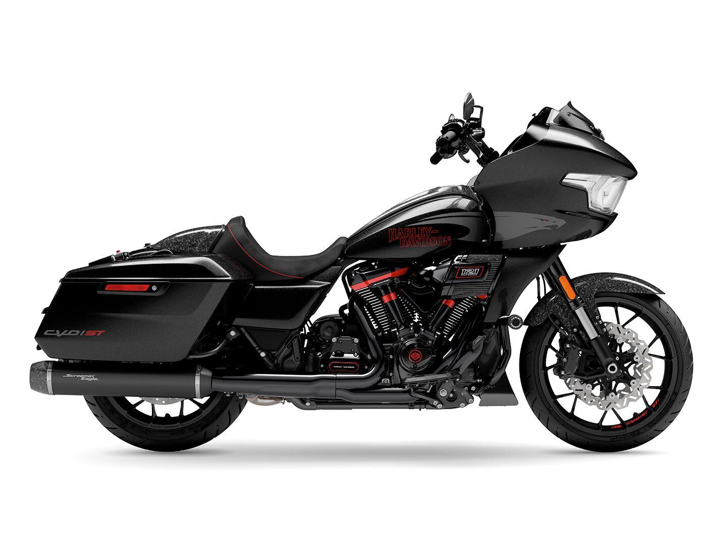 The Harley-Davidson CVO Road Glide ST’s Screamin' Eagle graphic on the fairing and tank is inspired by Harley-Davidson’s factory King of the Baggers racebike.