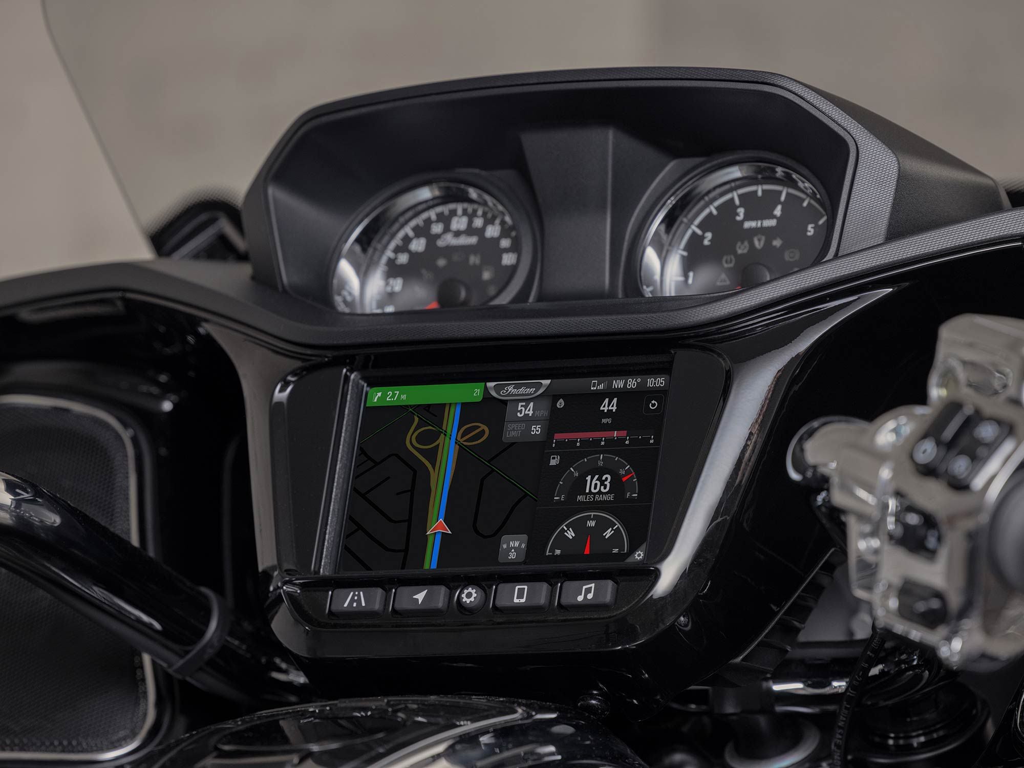 No surprise; the 7-inch touchscreen displays Indian’s Ride Command infotainment suite complete with navigation and Apple CarPlay integration.