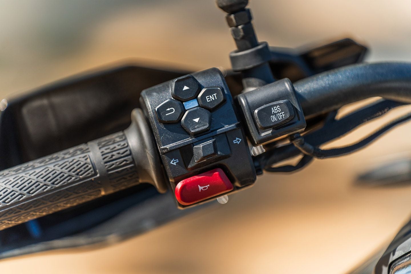 Switches have a KTM feel to them and are quite intuitive, though admittedly, there’s not a lot to adjust on the Ibex 450. No ride modes, but you do get switchable ABS and traction control, which are easily cycled via this switch on the handlebar.