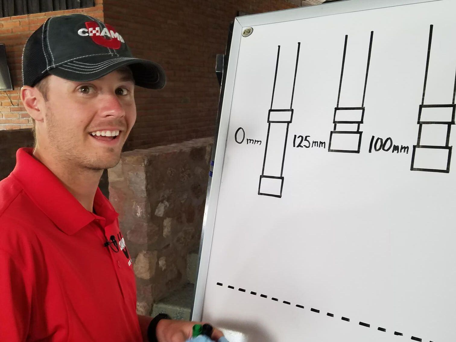 Kyle Wyman at the whiteboard getting ready to shoot a class on fork travel at tip-in.