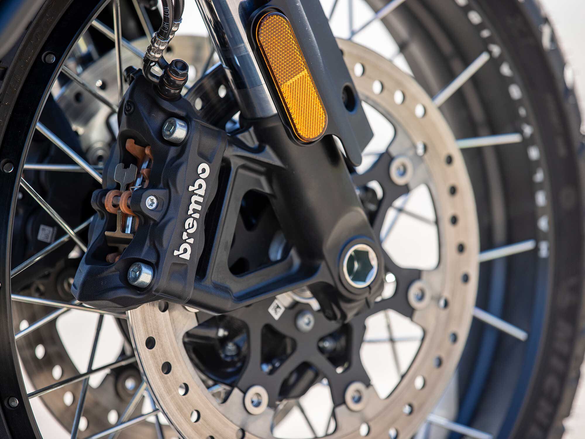 The Pan America has Brembo radial-mount calipers and twin 320mm discs aided by lean-sensitive ABS up front.