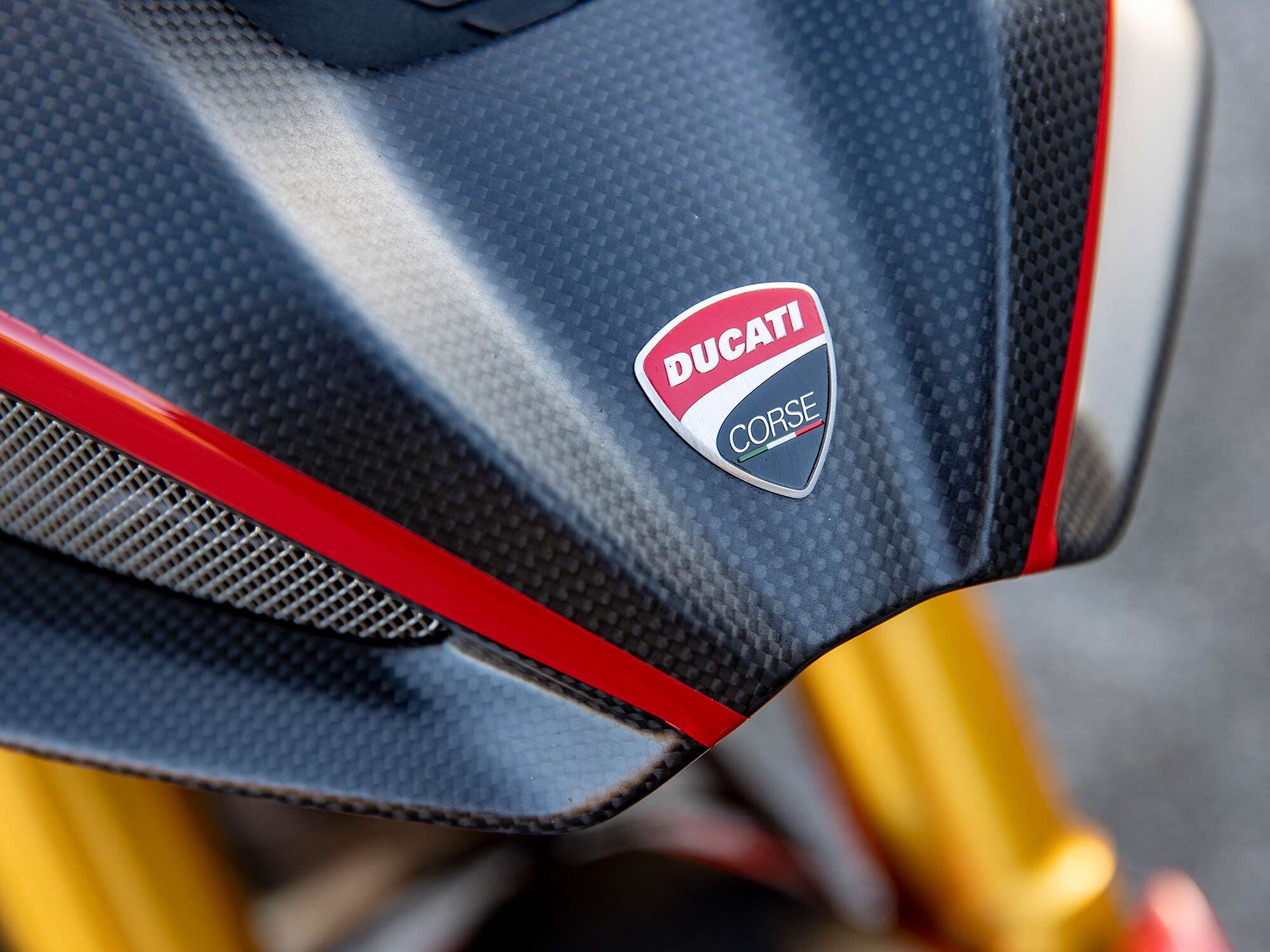 The Ducati Corse badge on the beak of the front fairing signals the Pikes Peak sporting intent.