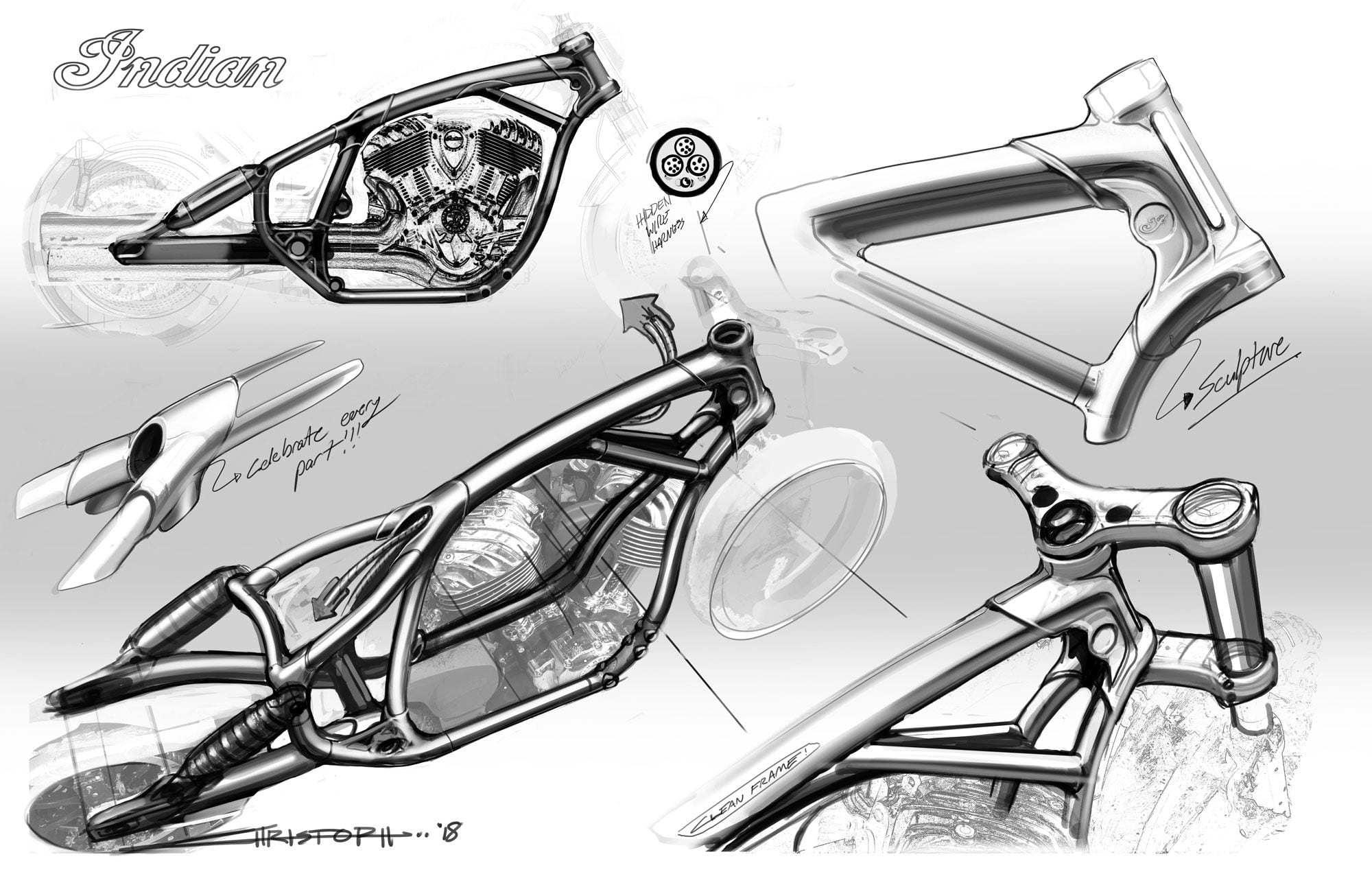 Just as the rib cage closely and economically encloses our vital organs, so this lean frame makes a whole of engine, fork, and swingarm.