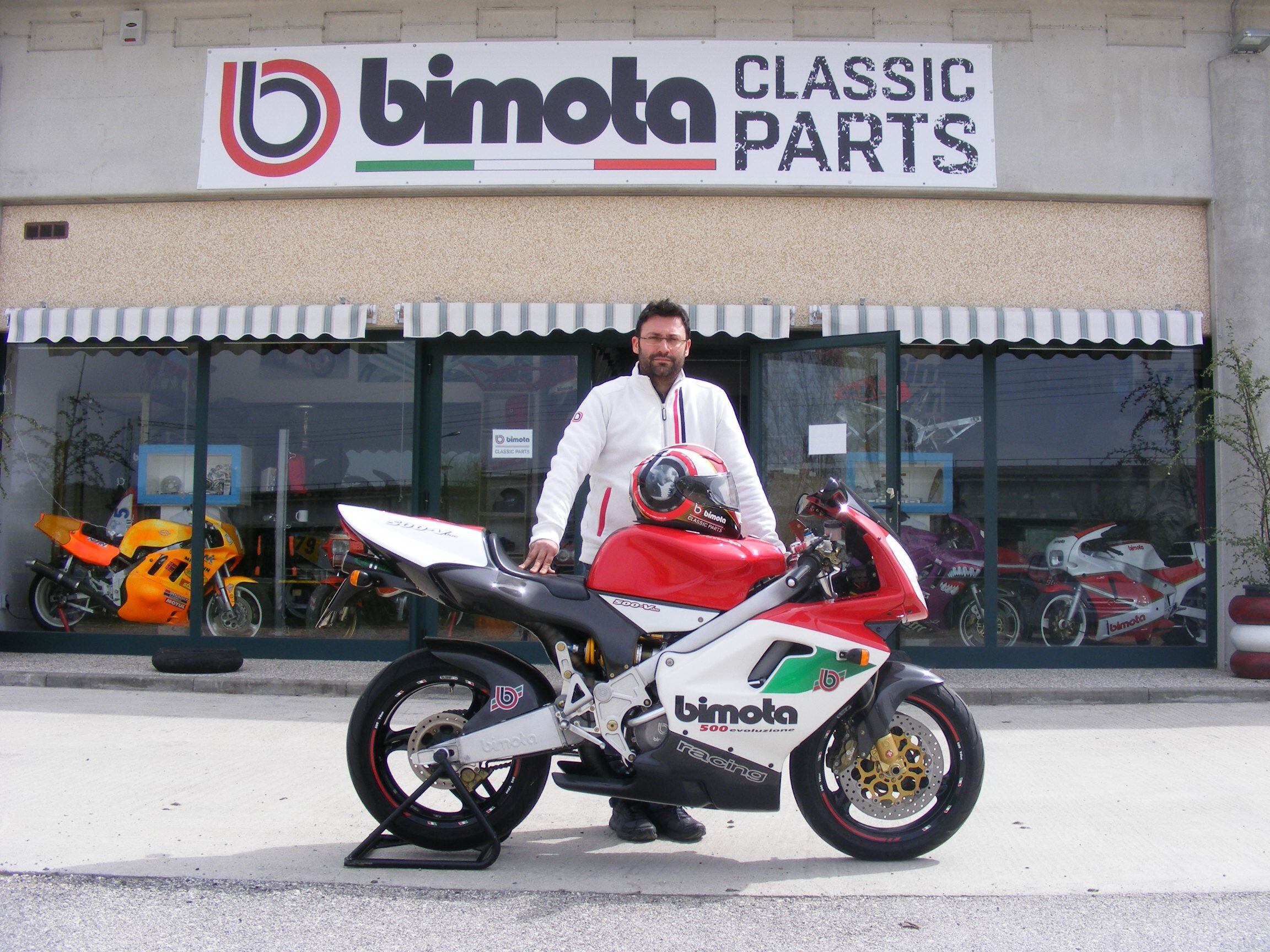 Former Bimota R&D man Paolo Girotti outside his Bimota Classic Parts headquarters in Città della Pieve, central Italy.