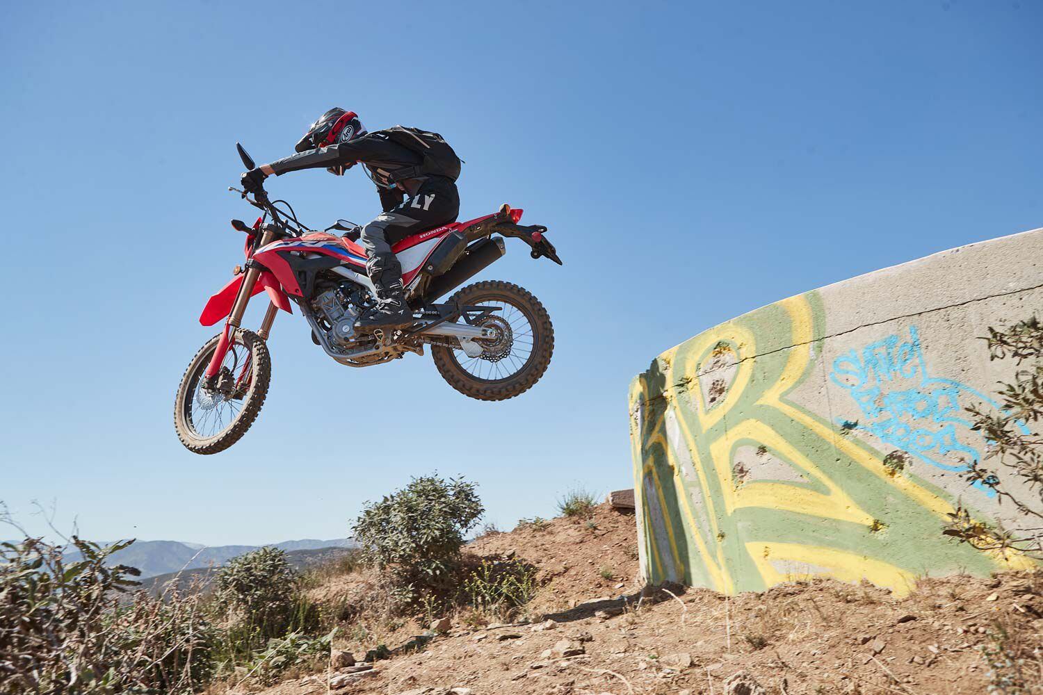 Even with road-oriented IRC Trails GP dual sport tires, the CRF300L is plenty capable in the dirt.
