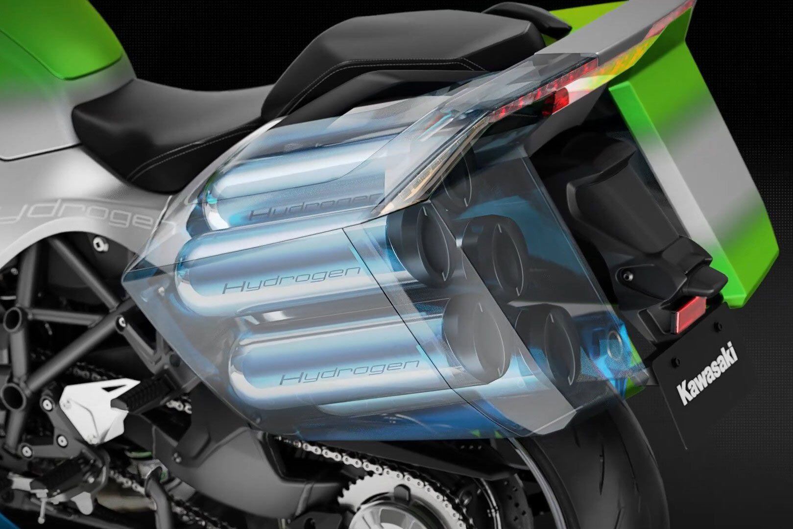 Kawasaki is currently working with Yamaha and Toyota to create a swapable hydrogen canister standard, allowing riders to switch out the canisters at vending stations.