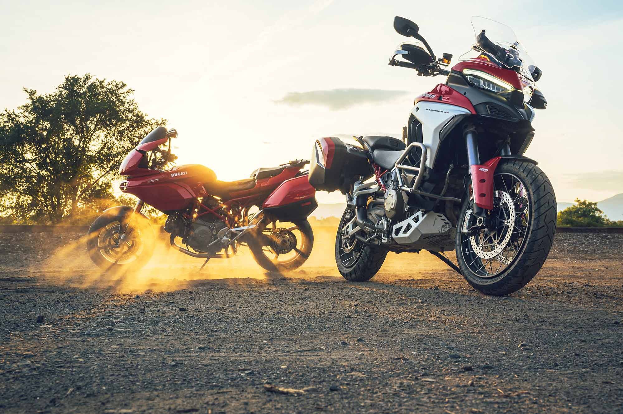 The 2021 Ducati Multistrada V4 S and the 2008 Ducati Multistrada 1100 S.