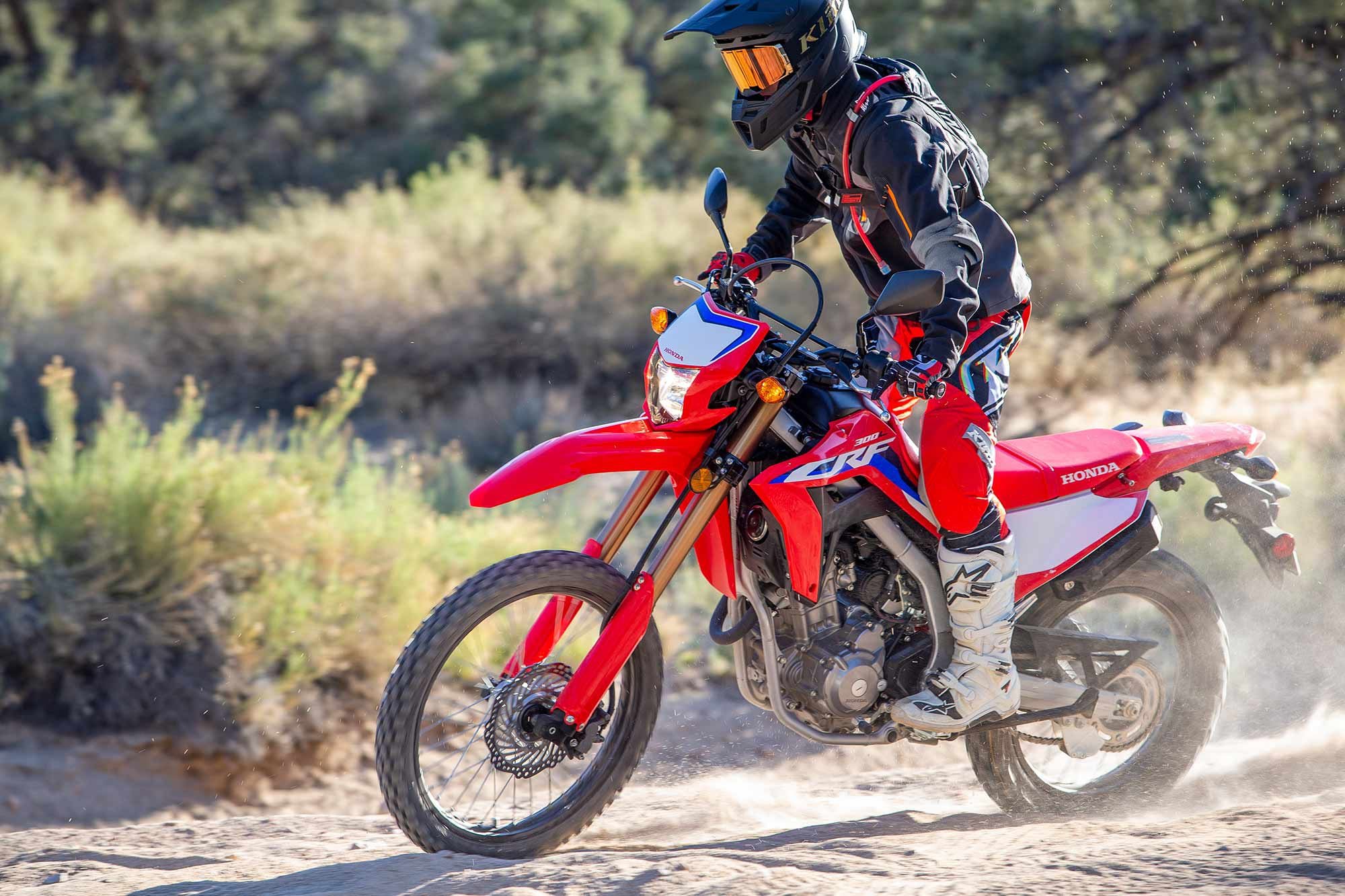 Want to steer with the rear? Footpeg pressure and a well-timed pop of the clutch will do the trick. The CRF300L’s handling manners are fairly dirt bike-like, even with its 309-pound wet weight as measured on the <i>Dirt Rider</i> scales.