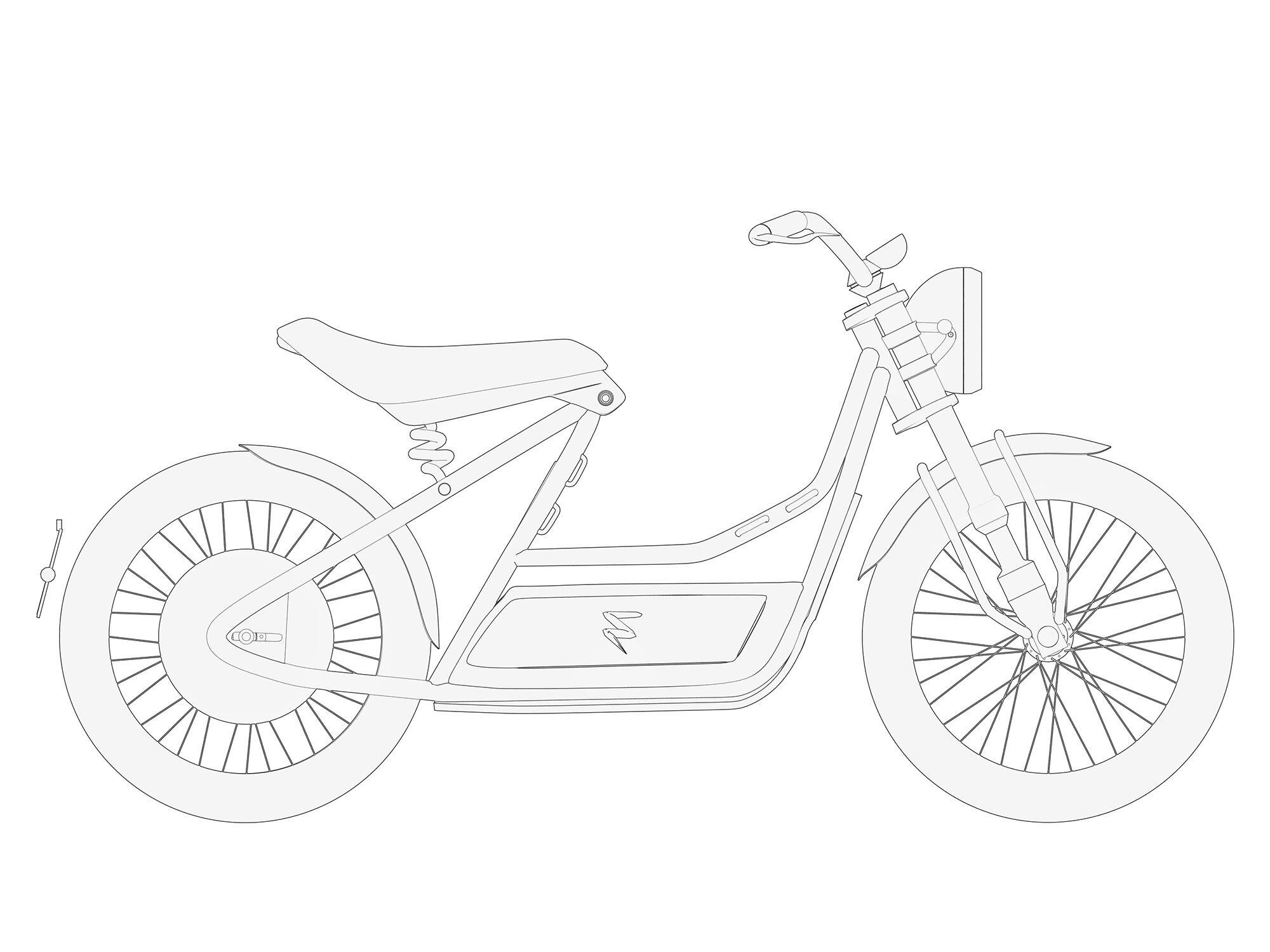 An über-simple frame carries the battery and electronics down low. An upside-down fork provides the damping up front.