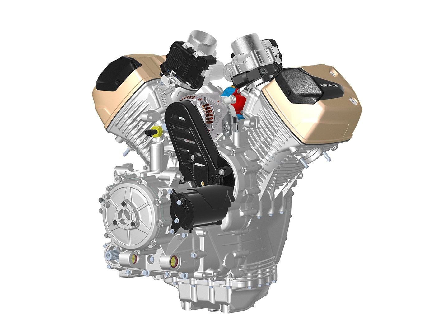 The V100’s alternator is driven by a counter-rotating shaft that cancels some of the roll reaction that is inherent in a longitudinal-crank V-twin.