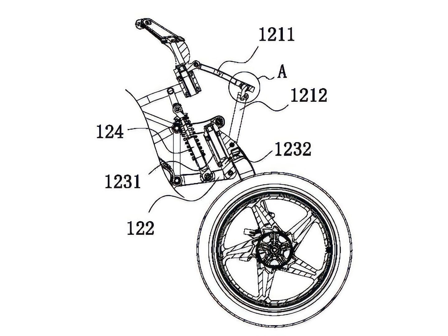 CFMoto’s patent for its girder fork relates to a ball-joint used for steering (labeled A).