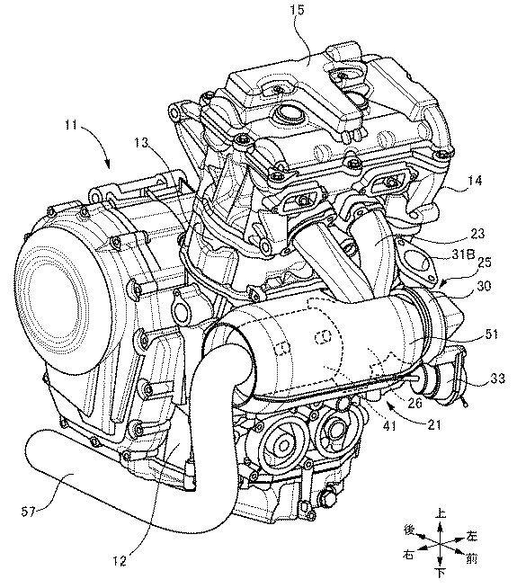 Patent drawings of Suzuki’s turbocharged twin features an exhaust that incorporates the turbo and catalytic converter into a single unit.
