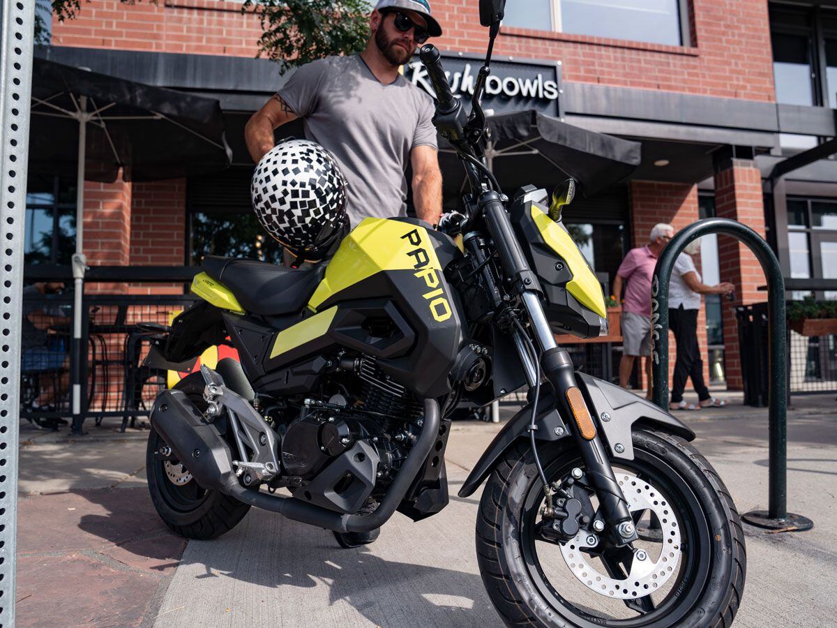 CFMoto’s Papio competes directly with the Honda Grom and Kawasaki Z125 Pro, its unique selling point being a six-speed transmission helping spread out all 9 hp.