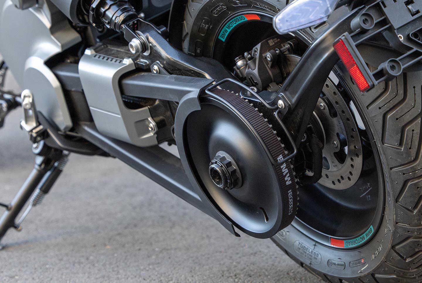 Belt final drive works with an interior reduction-drive belt. Belts are low maintenance and quiet in operation.