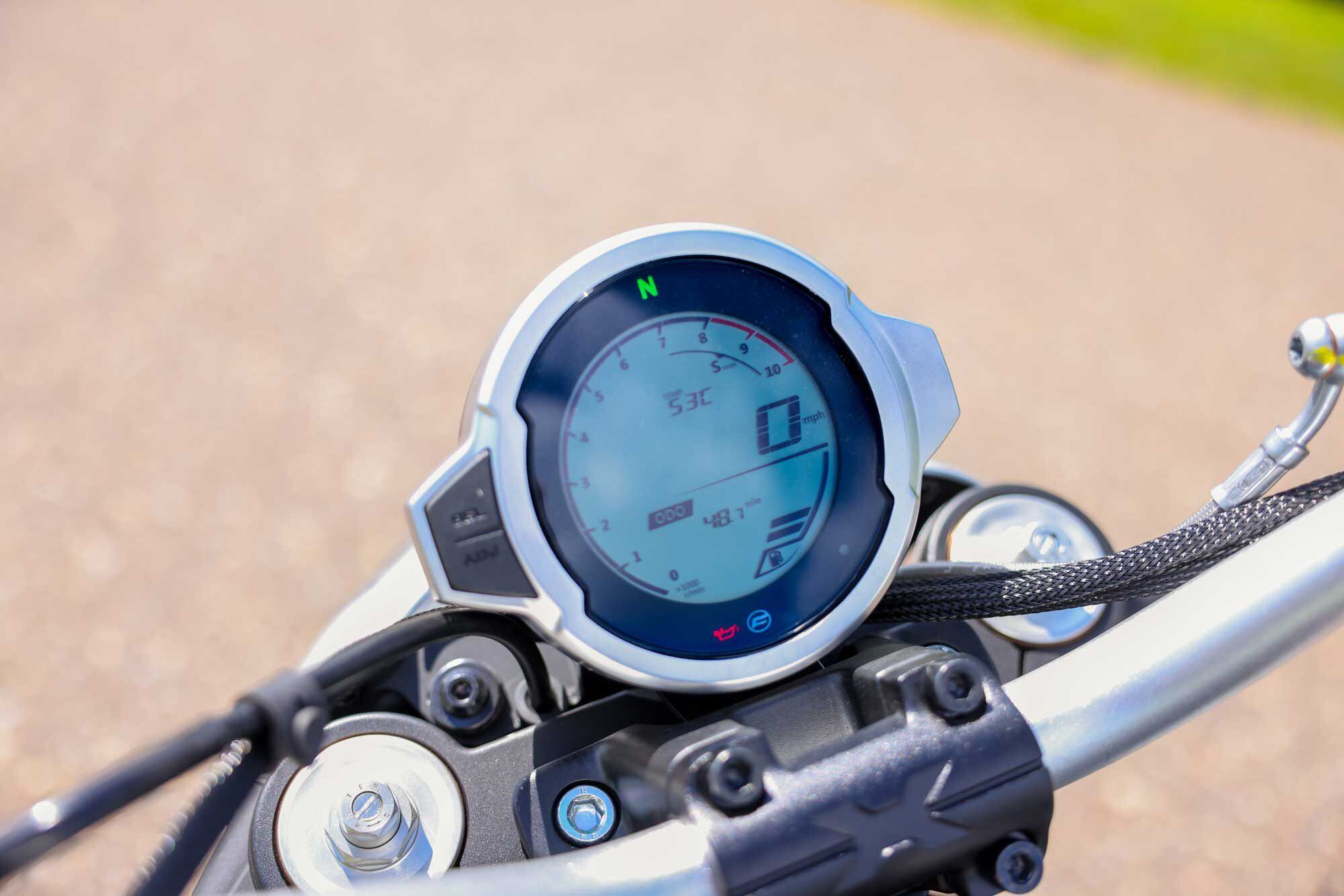 The 700CL-X Sport’s gauge cluster clearly displays what ride mode you’re in, fully in view due to the clip-ons.