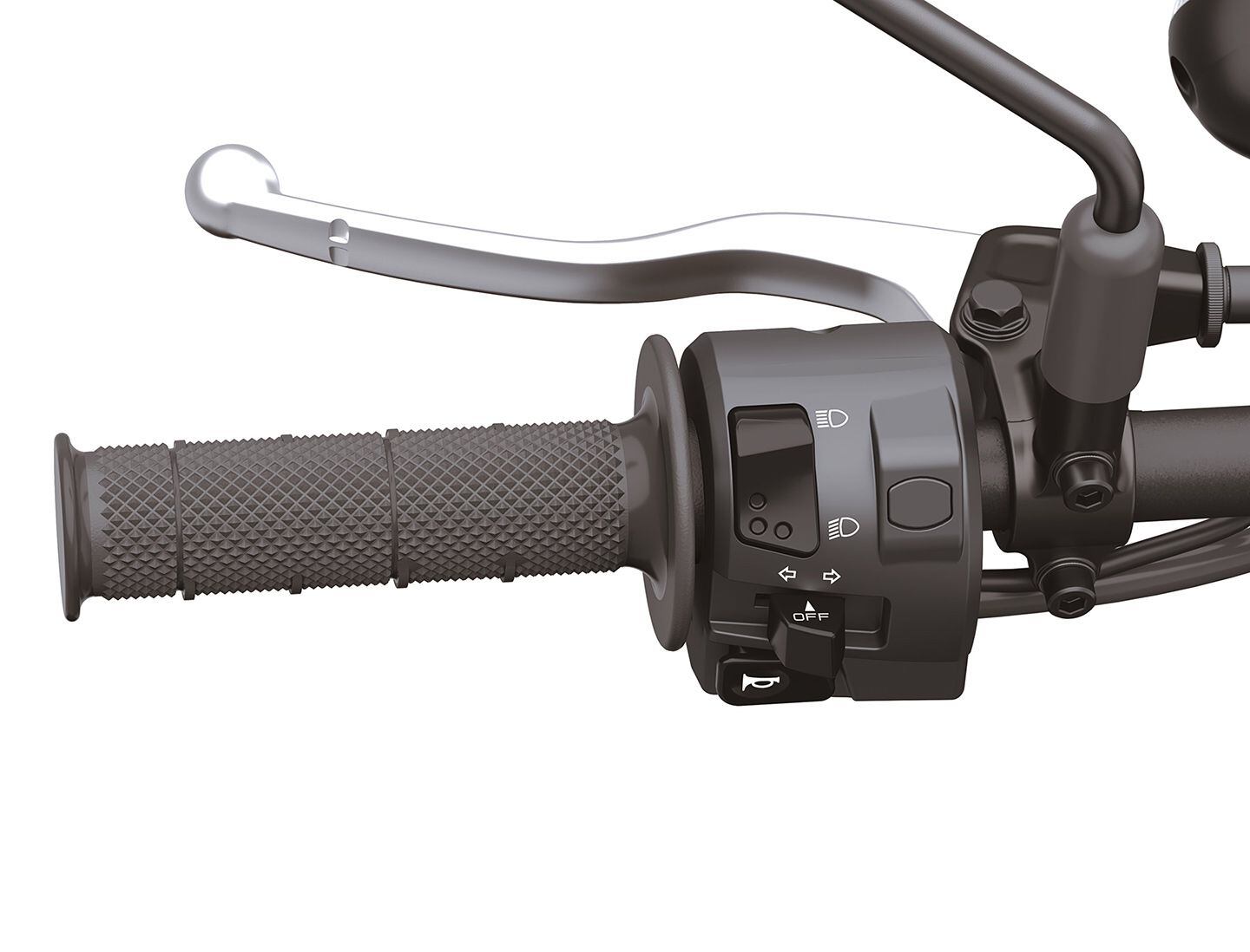 The ABS switch is discreetly positioned next to the high/low beam switch. For 2024, front and rear ABS can be deactivated.