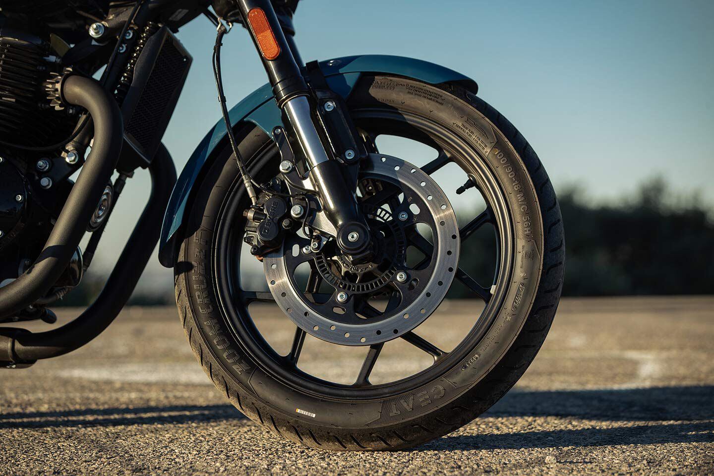 ByBre single discs front and rear clamped by twin-piston calipers offer adequate braking performance; using both brakes on this 530-pound bike, though, will get you the best results.