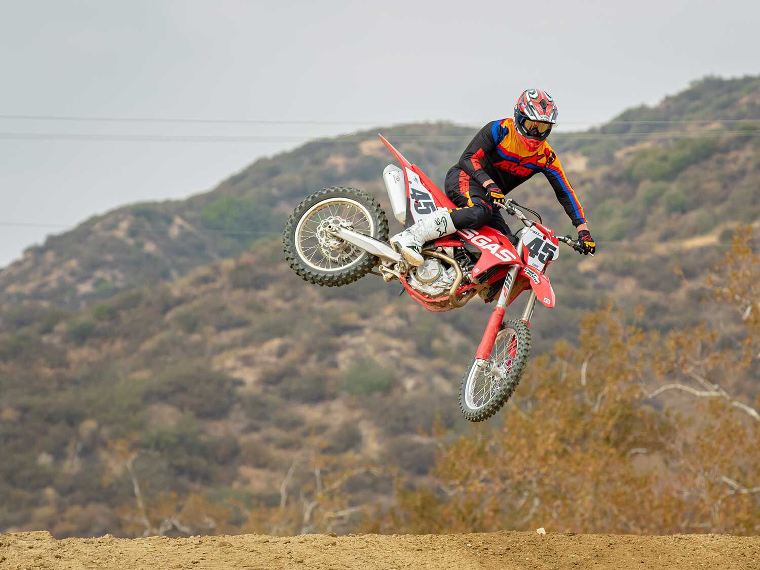 While it features the same WP Xact fork and WP Xact shock as the KTM 450 SX-F and Husqvarna FC 450, the MC 450F’s suspension settings are softer and in the range of most vet motocross riders, though a stiffer shock spring rate may be needed for those weighing more than 175 pounds.