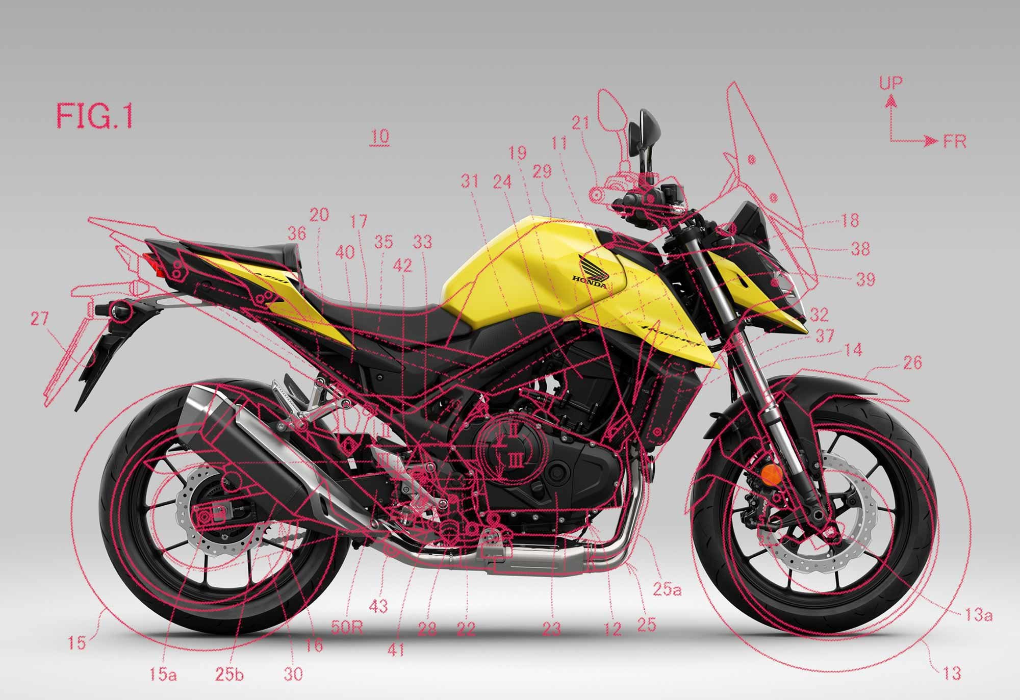 This overlay shows how the new Transalp 750 will differ from its stablemate, the CB750 Hornet.
