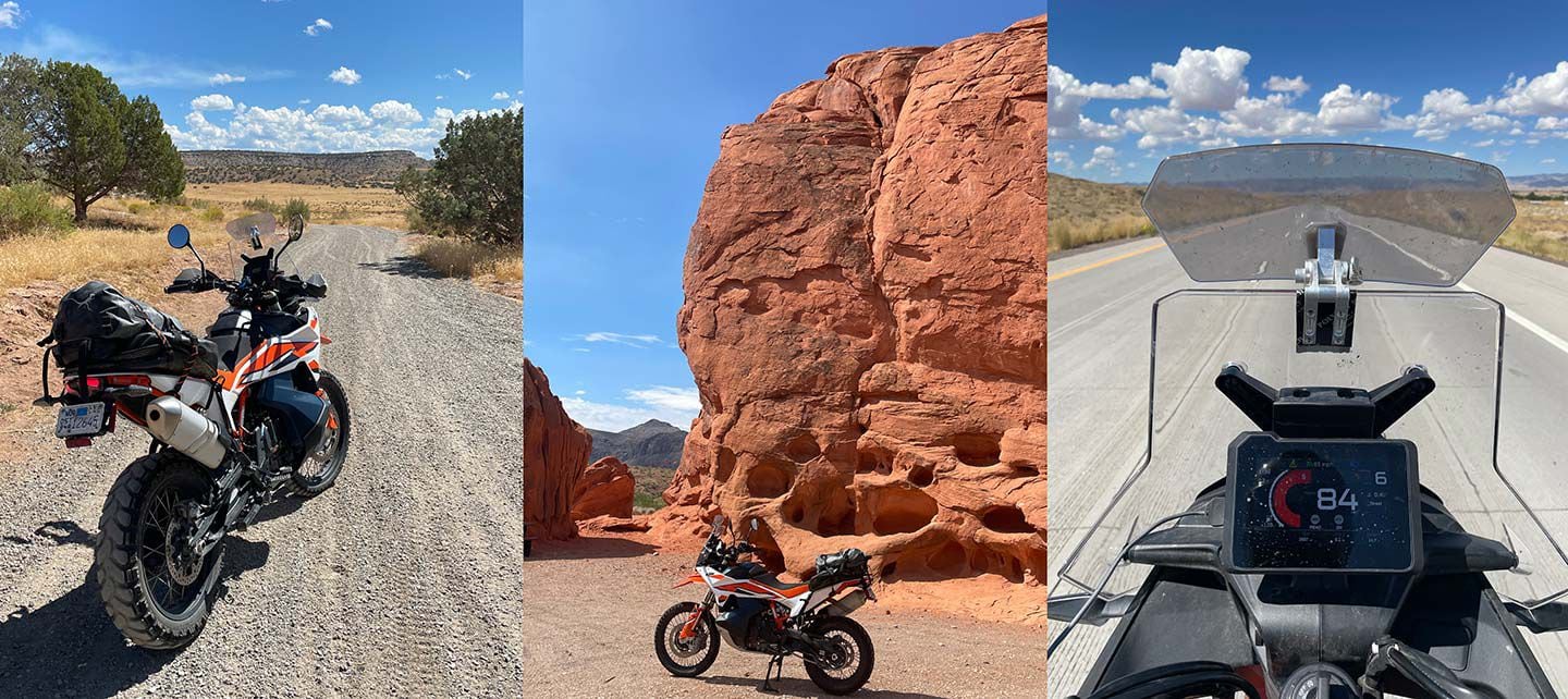 A combination of Giant Loop and Mosko Moto bags worked great for two day trips. Valley of Fire State Park in Nevada is the only thing more orange than the KTM. This aftermarket windscreen extension is adjustable and works really well.