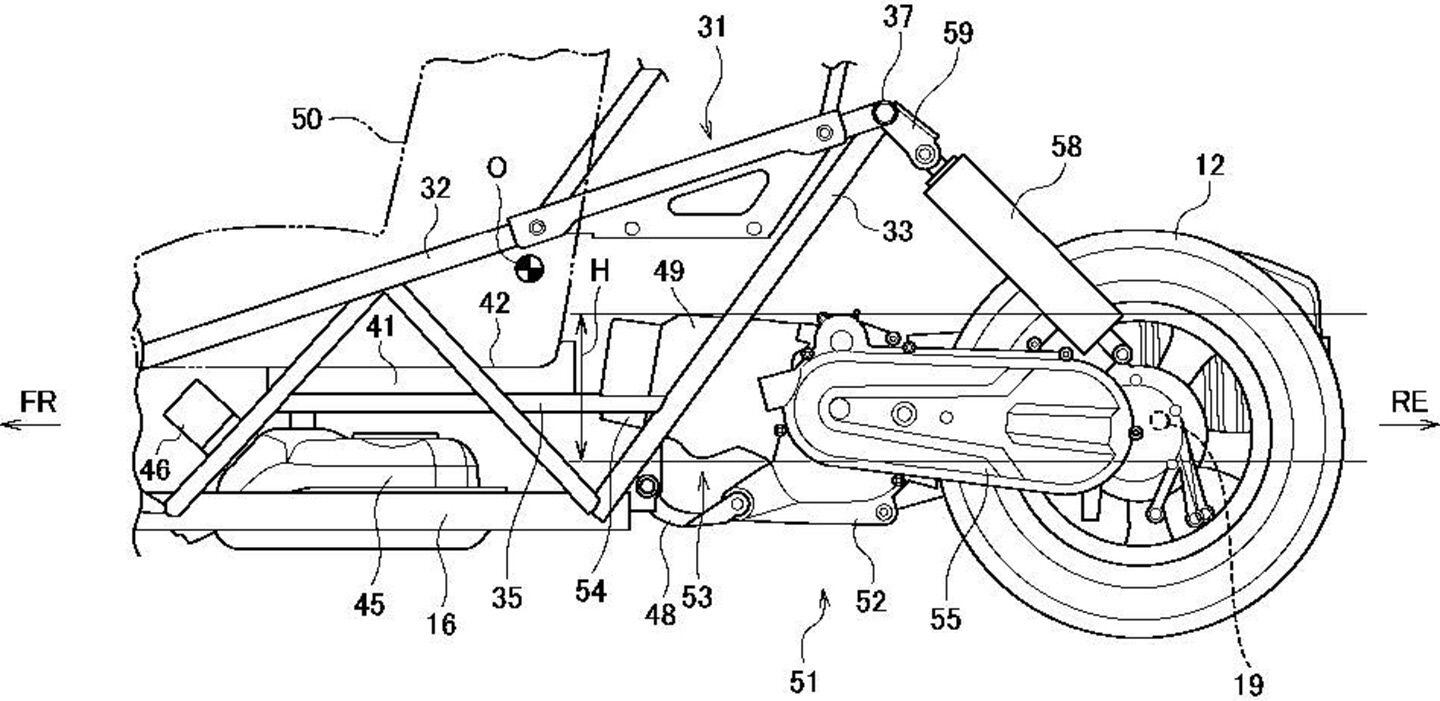 Patent drawings show a power unit similar to Suzuki’s current 125cc scooter engine.