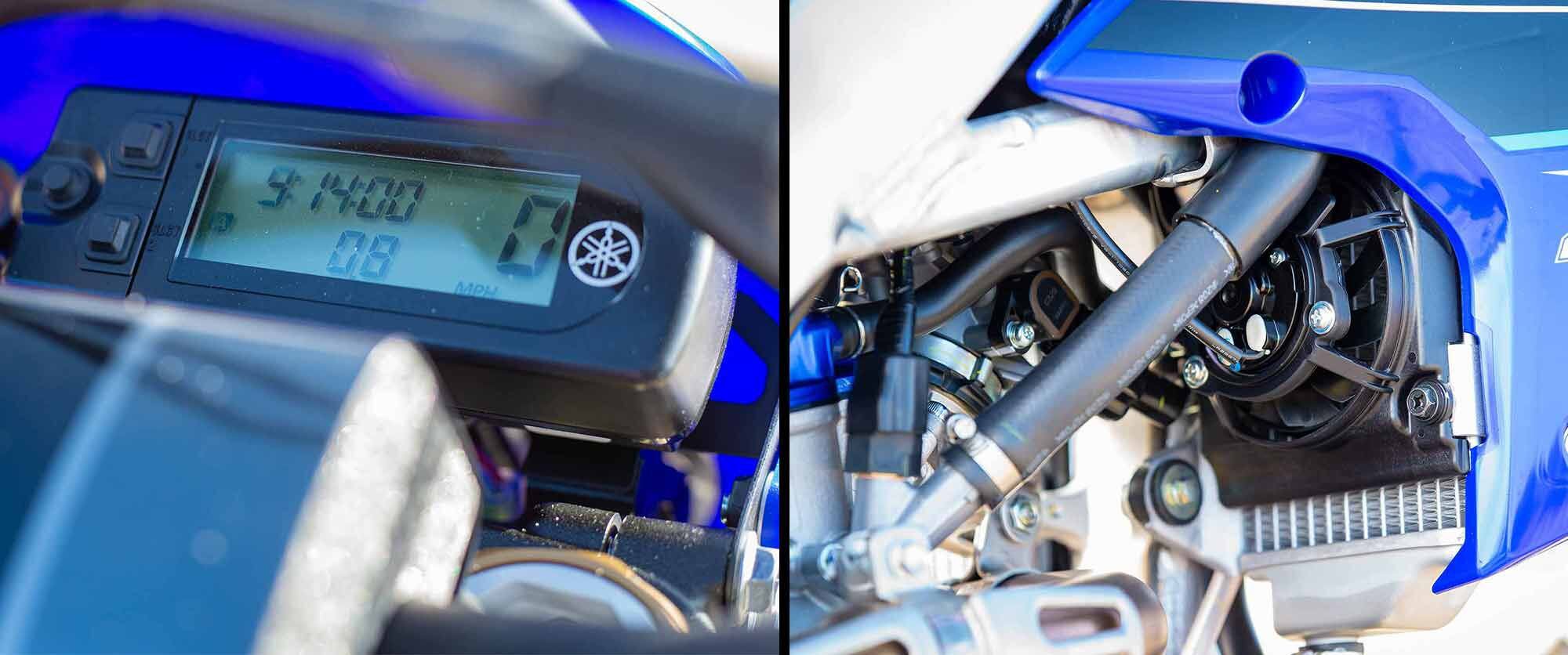A couple of the WR250F’s enduro-specific features include a multifunction enduro meter and a radiator cooling fan.