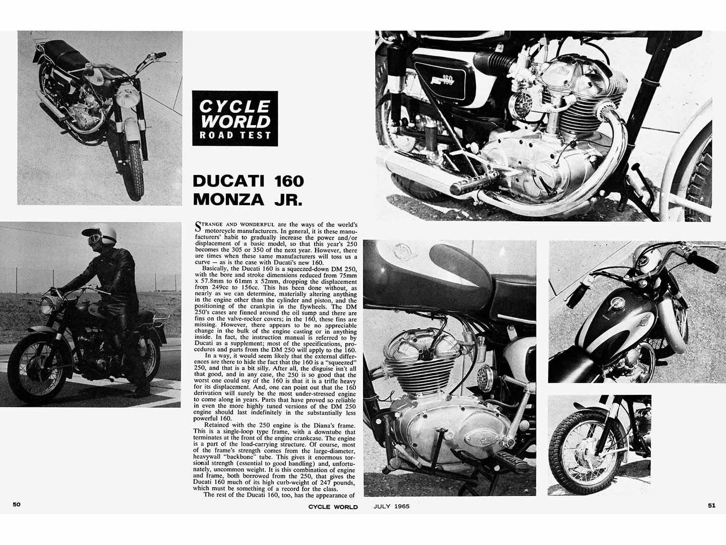 <i>Cycle World</i> road test of the 1965 Ducati 160 Monza Jr. Ducati was first a singles company, and then essentially combined a pair of single top ends on a common crankcase to deliver its first 90-degree V-twin.