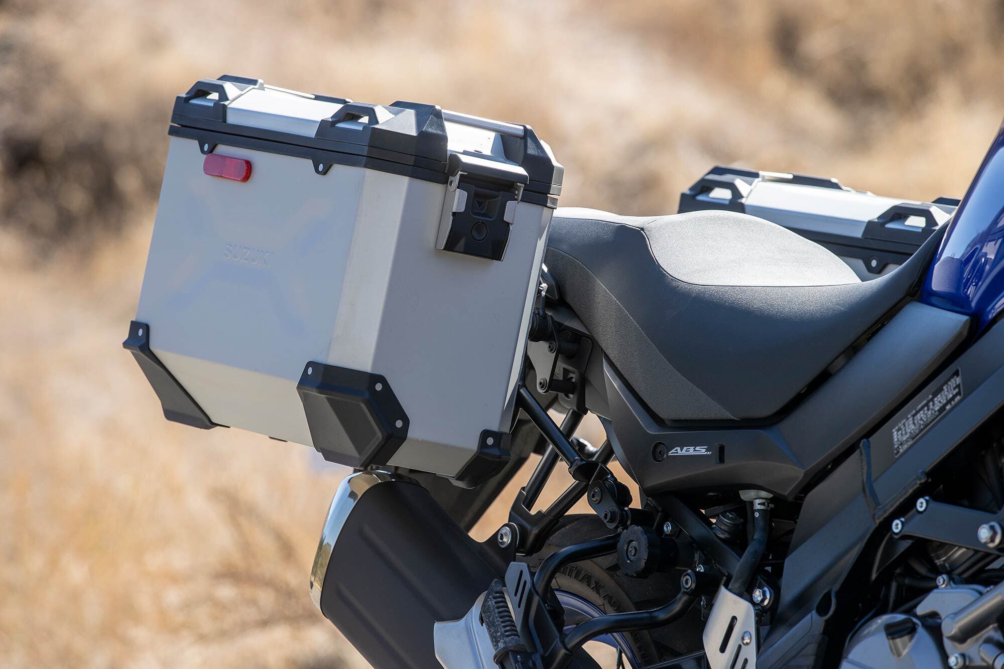 The V-Strom 650XT Adventure’s 37-liter aluminum panniers won’t fit a helmet, but do provide a nice flat surface for strapping down additional items.