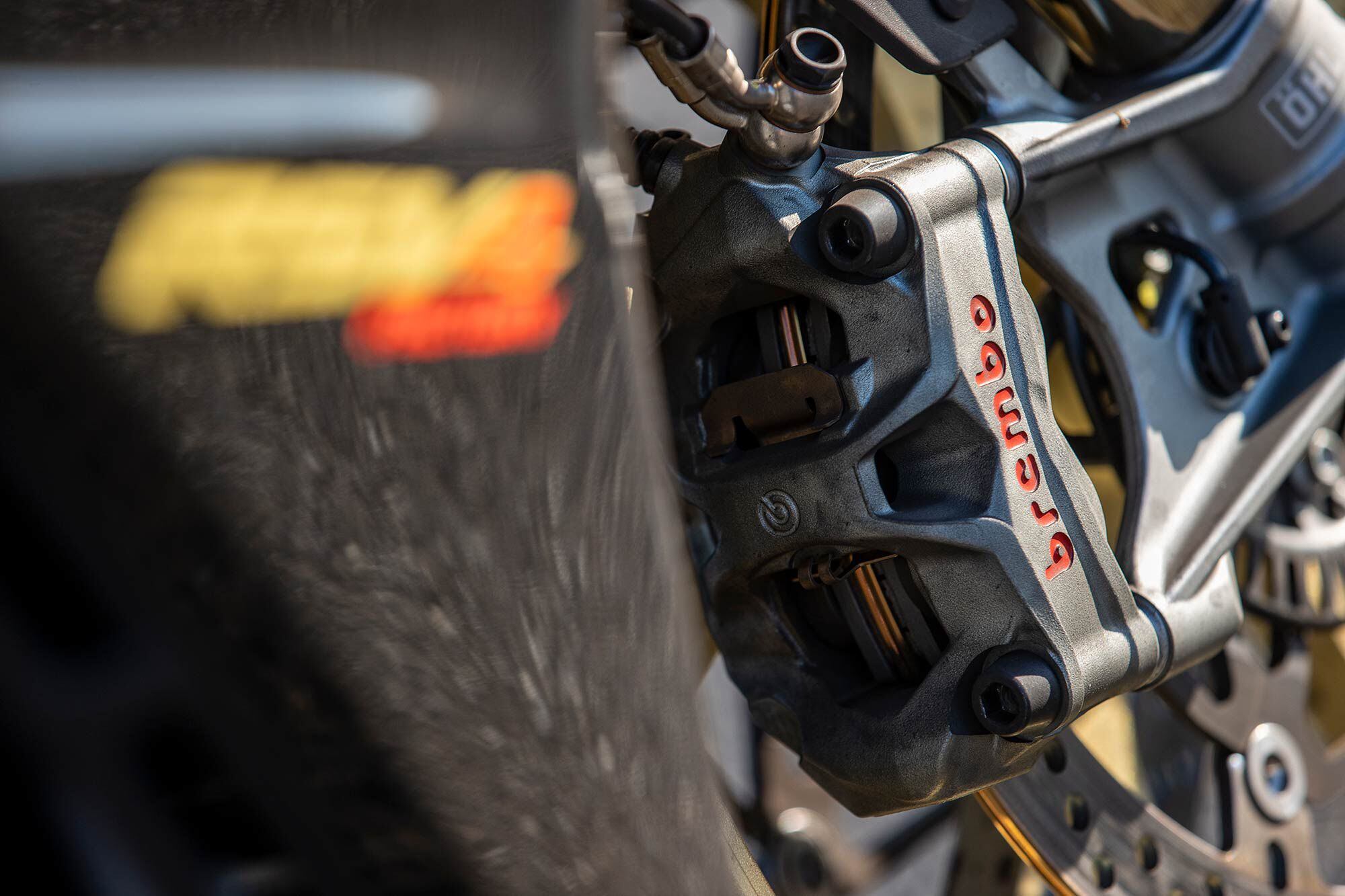 Despite being stopped by a pair of Brembo Stylema calipers, the Aprilia RSV4 Factory stops in a longer distance than the others, likely due to being the heaviest at 435 pounds empty of fuel on the <i>Cycle World</i> scales.