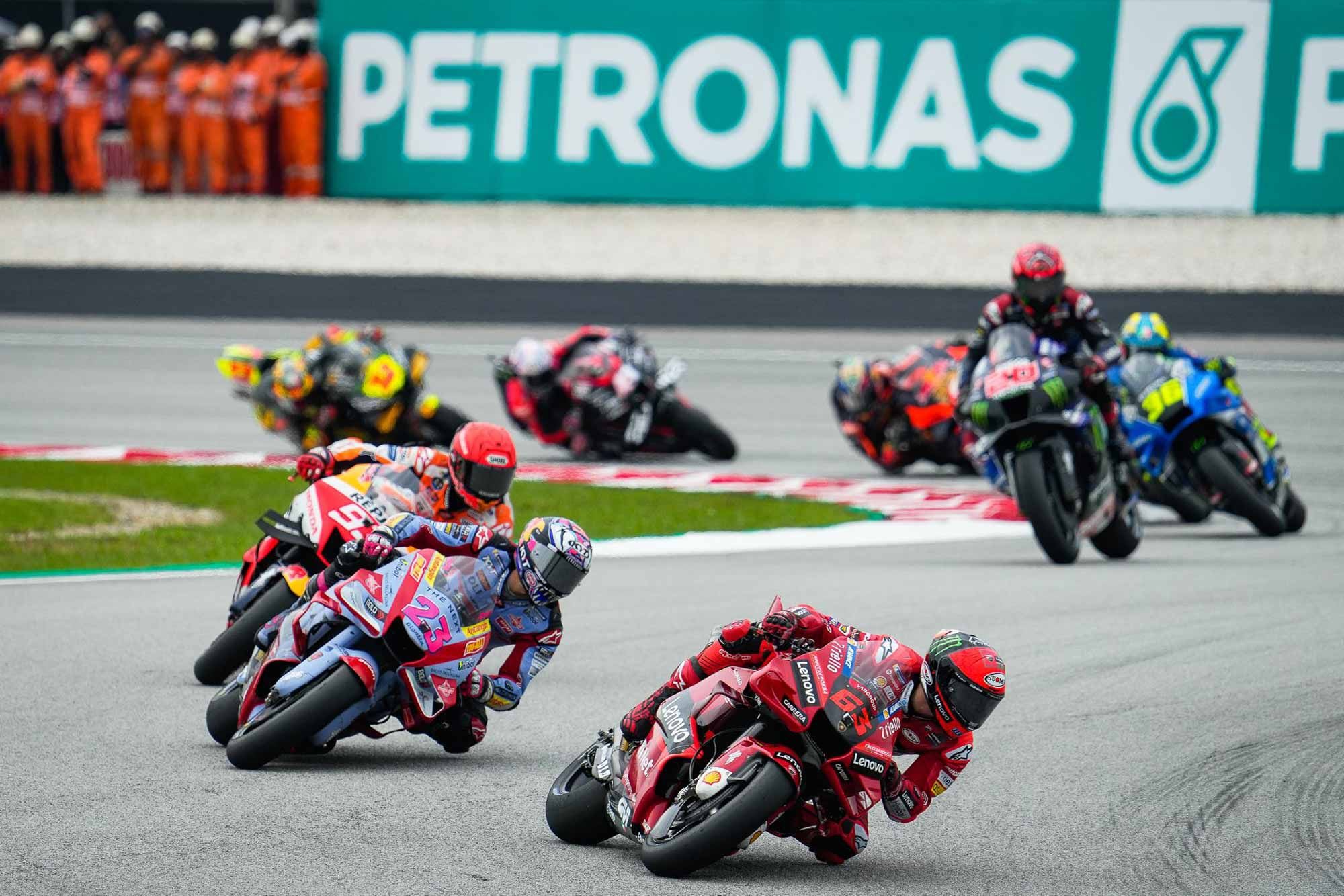 Bagnaia and Quartararo both lunged to the front at the start after relatively poor qualifying (the Yamaha rider shown here in fourth).