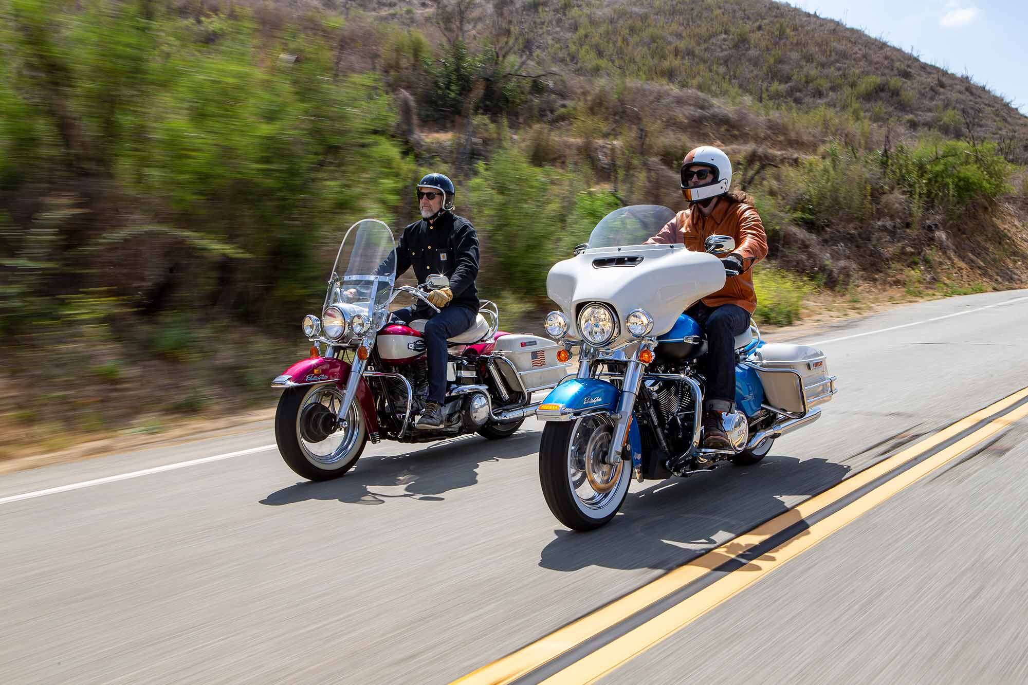 Morgan and Brad Richards ride side to side on two Electra Glides with five decades between them, along Mulholland Drive.