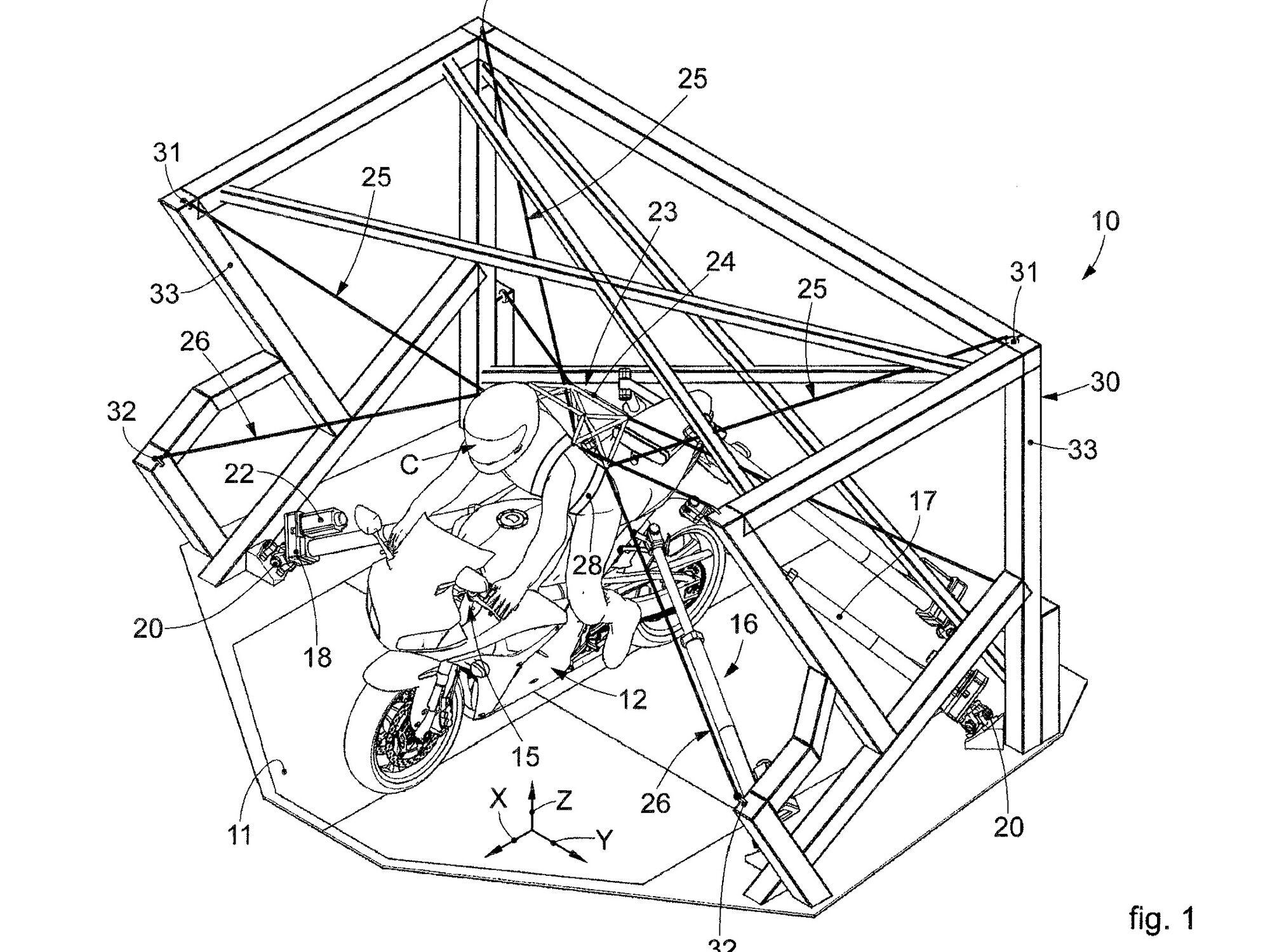 The patent application shows how forces are introduced onto the rider using a frame attached to the rider’s back.