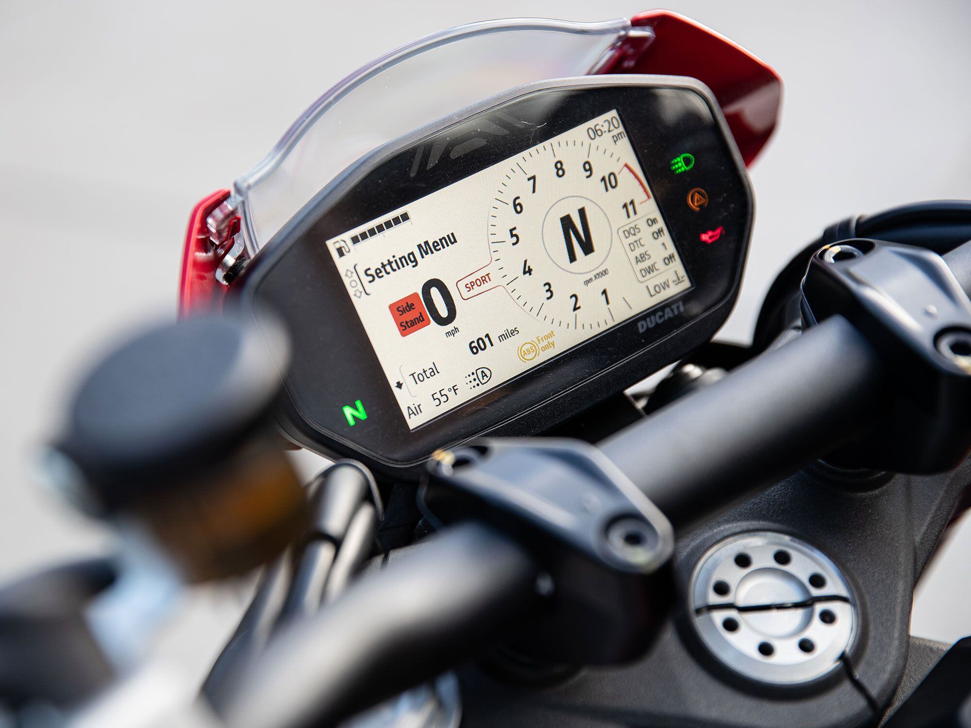 The Monster’s electronic rider aids include cornering ABS, traction control, wheelie control, launch control, and three ride modes (Sport, Touring, Urban). Settings are customizable across preset ride modes. Cresting San Francisco’s famous, trolley-tracked hills in Touring mode reveals how well its softer throttle response and more invasive TC and wheelie control settings work as they intervene imperceptibly in the background. Typical of Ducati’s UX, navigating the menus through the left-side switch gear and 4.3-inch TFT display is supremely intuitive.