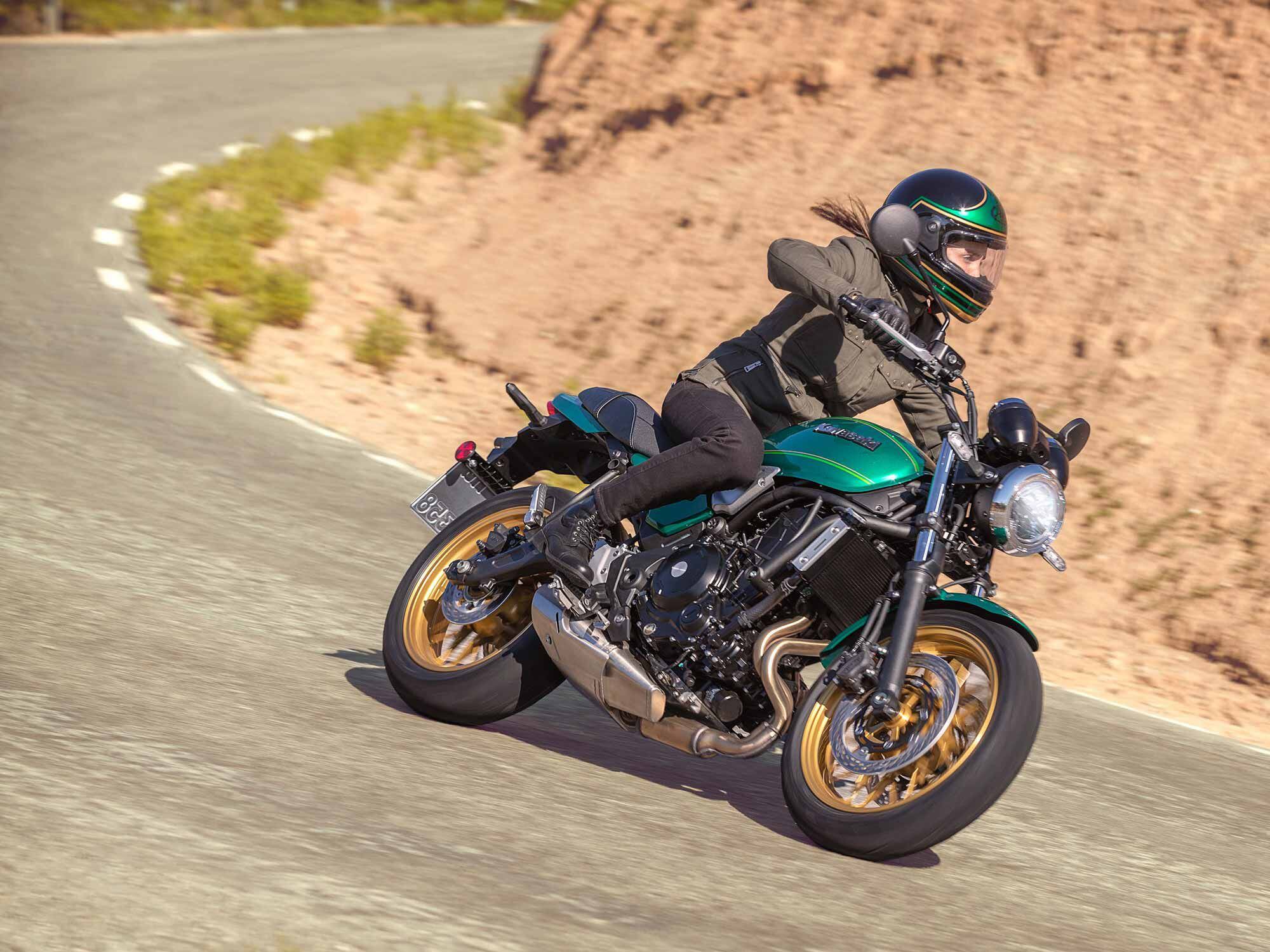 The RS shares the same engine as the Z650. It also has the same steel trellis frame and rake and trail dimensions.