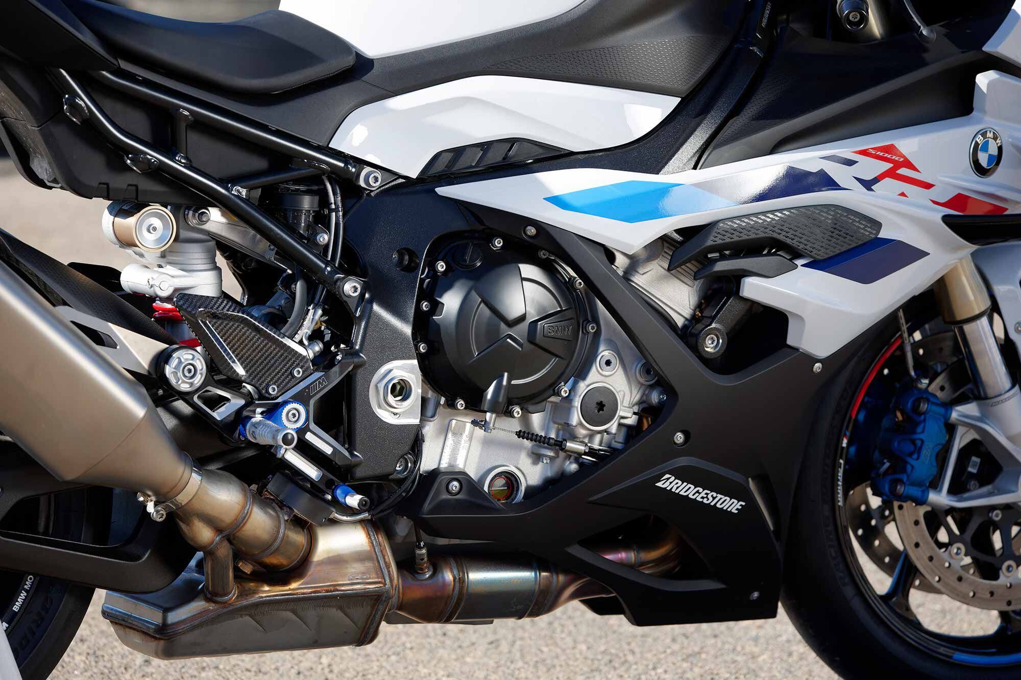 The S 1000 RR’s engine is a stressed member of the chassis and sits in the frame tilted 32 degrees forward.