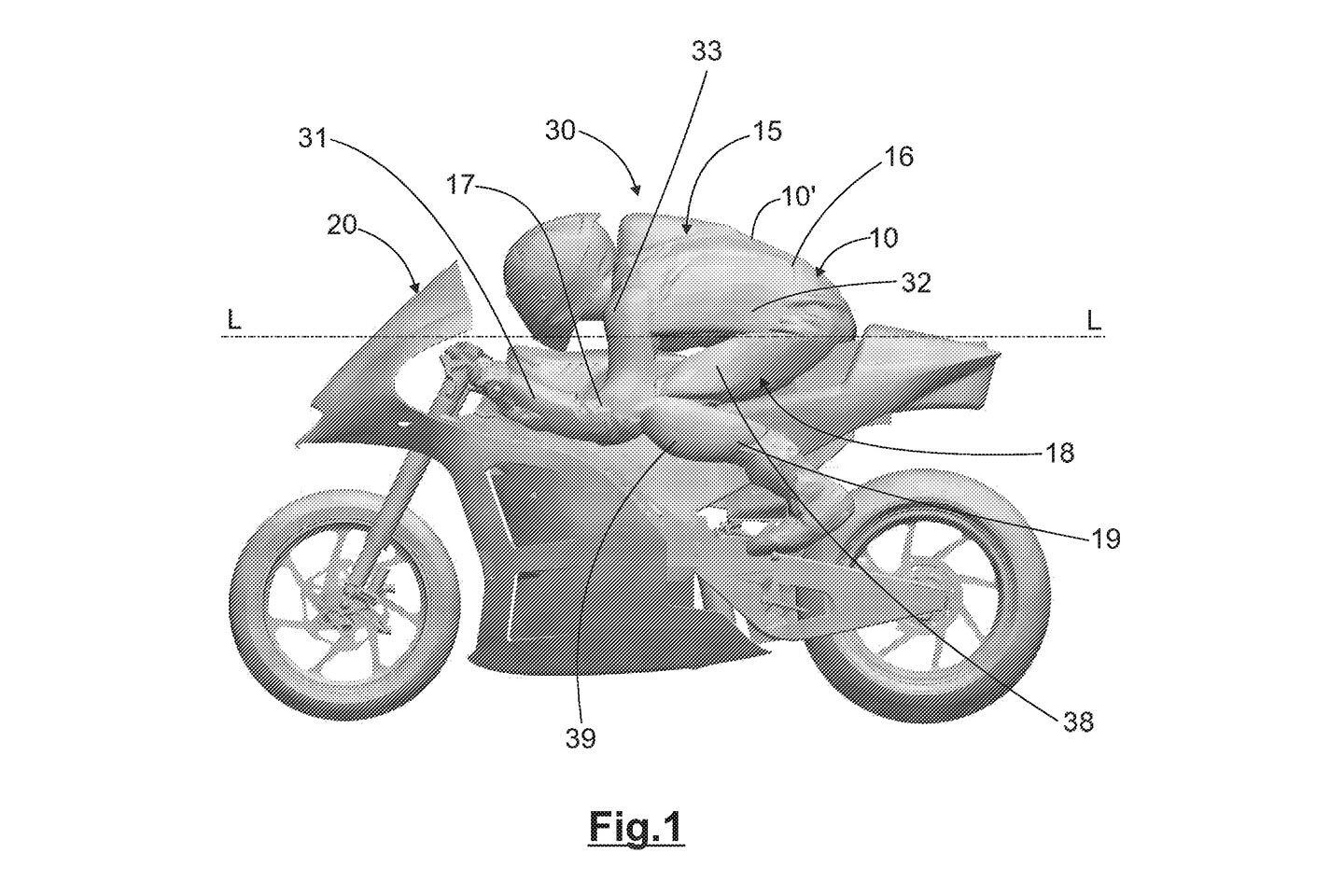 “Shells” on the rider's arms (31) are intended to smooth air flow around the rider’s forearms. While others pieces are added to the upper arms and shoulders (33).