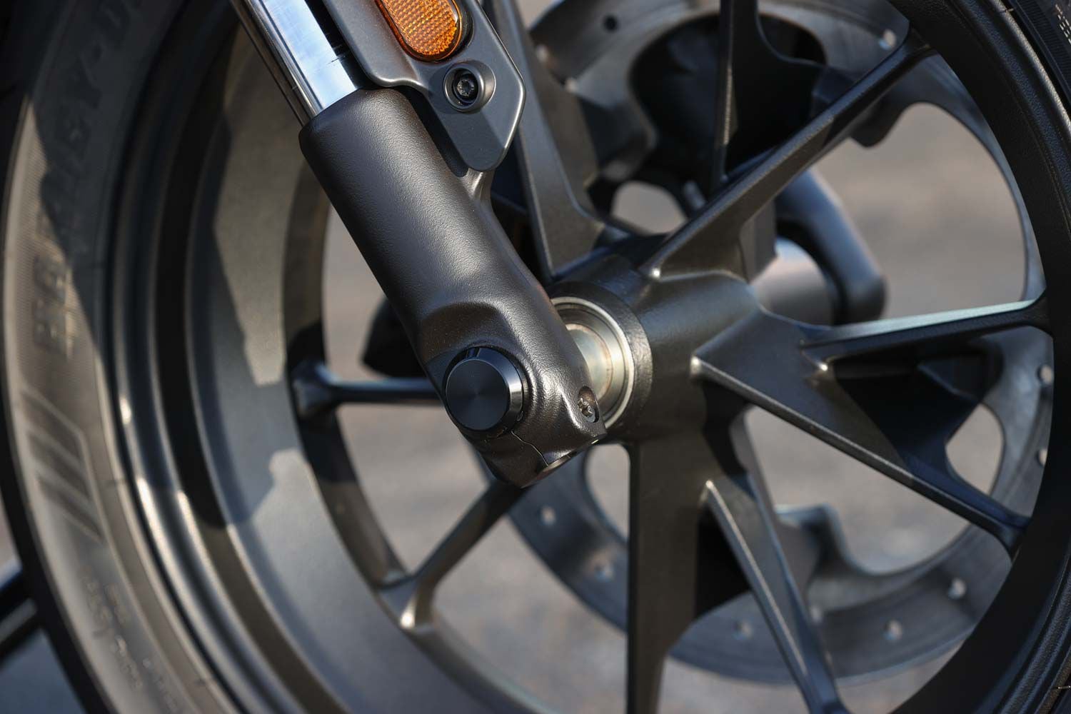 The Sportster S uses a radial-mount Brembo caliper and single 320mm front disc. While the brake has good feel and adequate initial bite, ultimate performance is diminished because of the single disc.