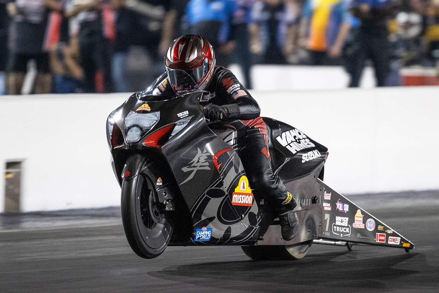 Vance & Hines’ Pro Stock racer maintains a visual connection to the latest Suzuki Hayabusa.