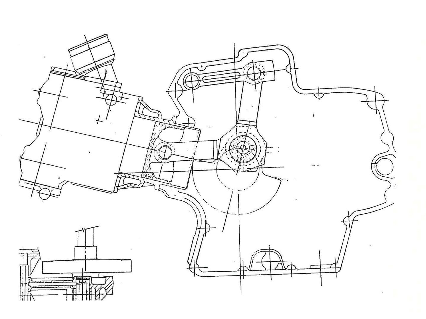 This is a direct scan of the fax Ducati sent to <i>Cycle World</i> for the 1993 Kevin Cameron tech story on the Supermono single—right out of the archive. The horizontal cylinder remains but the vertical cylinder was removed. The vertical cylinder connecting rod operated a reciprocating weight that made this single as smooth and balanced as a twin.