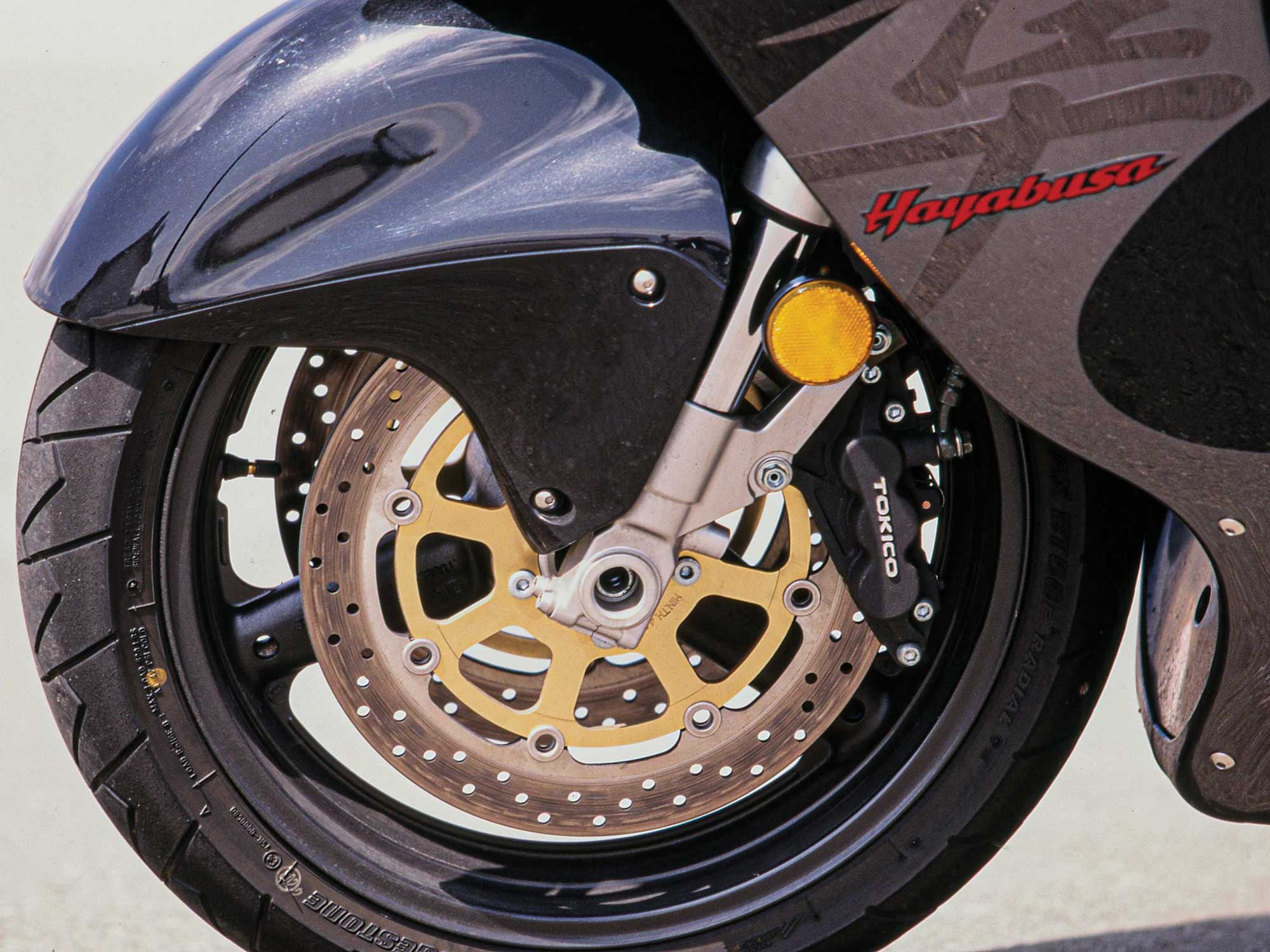 Six-piston front brakes faded some in hard racetrack use but were otherwise up to the serious task of slowing down the Hayabusa.