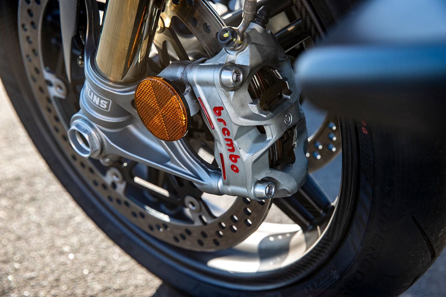 You want exotic? Top-of-the-line Brembo Stylema R brakes, Öhlins electronic suspension, and carbon fiber wheels deliver performance and bling.
