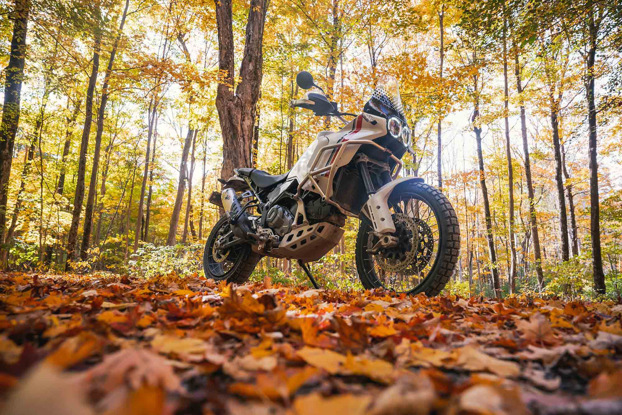 The DesertX test unit is equipped with crash bars ($700), hand guards ($187.20), skid plate ($500), heated grips ($388.17), radiator guard ($165), handlebar bag ($75), and Termignoni homologated silencer ($2,000). The as-tested price of the DesertX is $20,990,37.