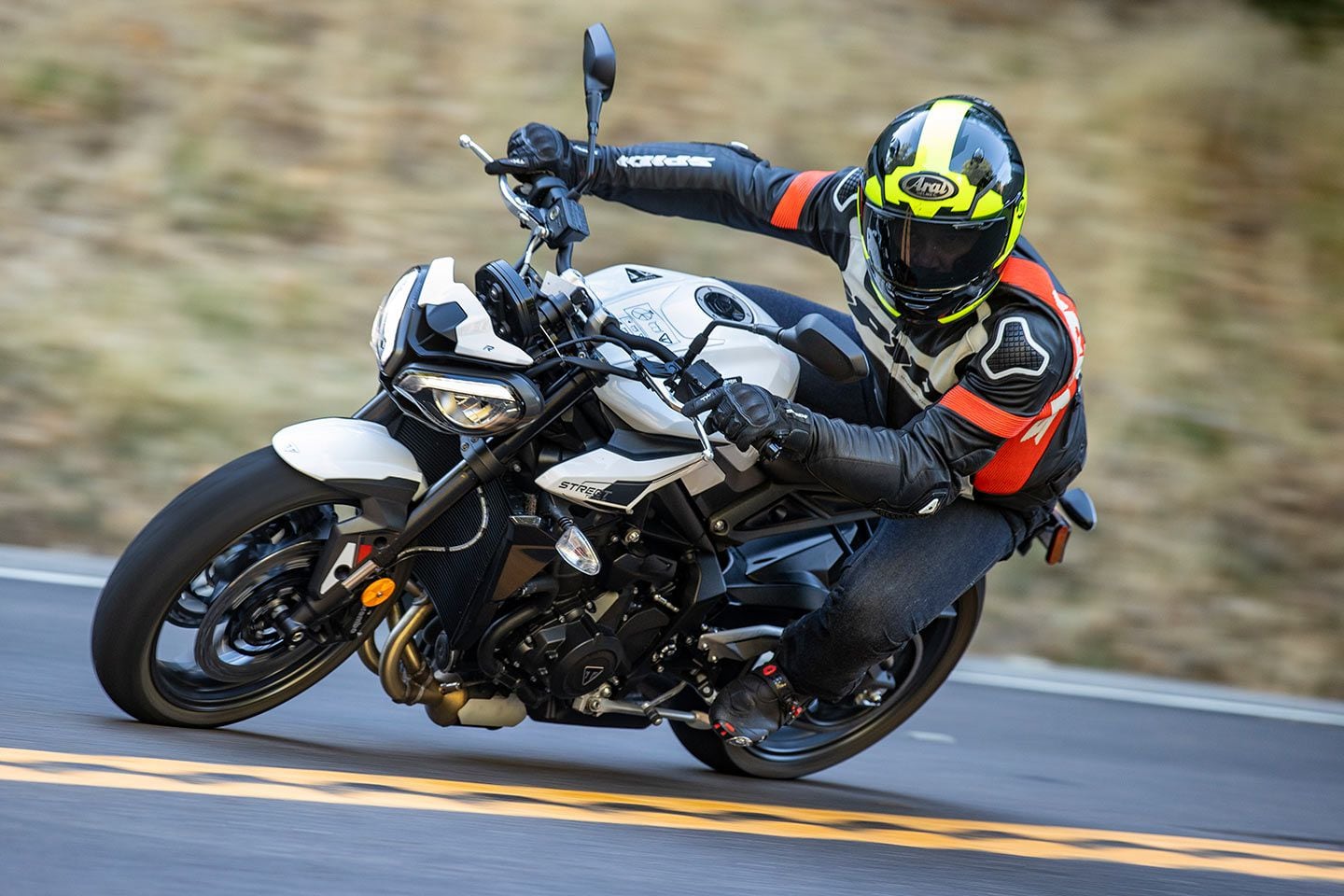 The 2024 Triumph Street Triple 765 R comes equipped with Continental ContiRoad tires.