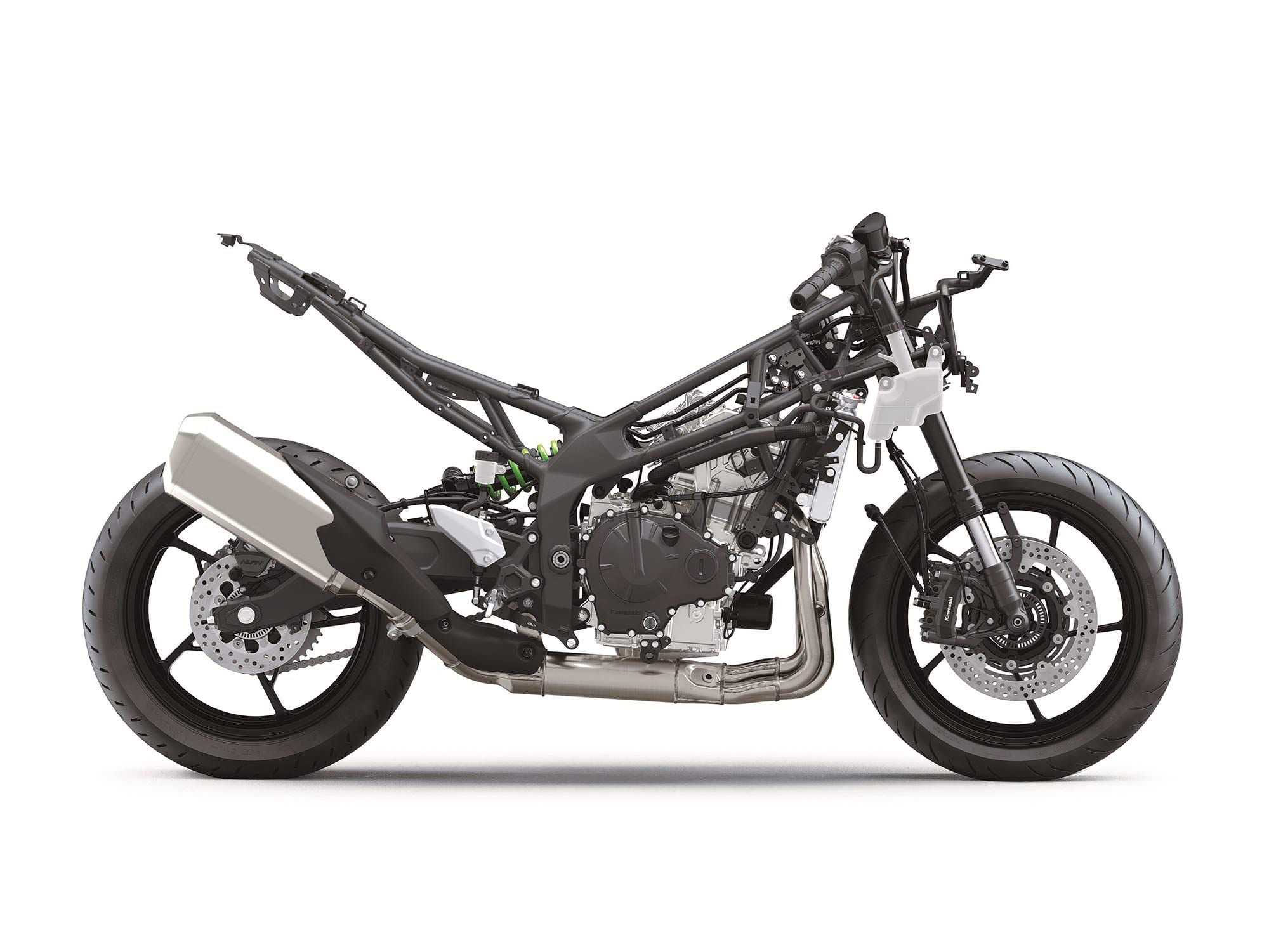 Stripped of its bodywork, you can see the steel-trellis frame and steel banana-style swingarm.