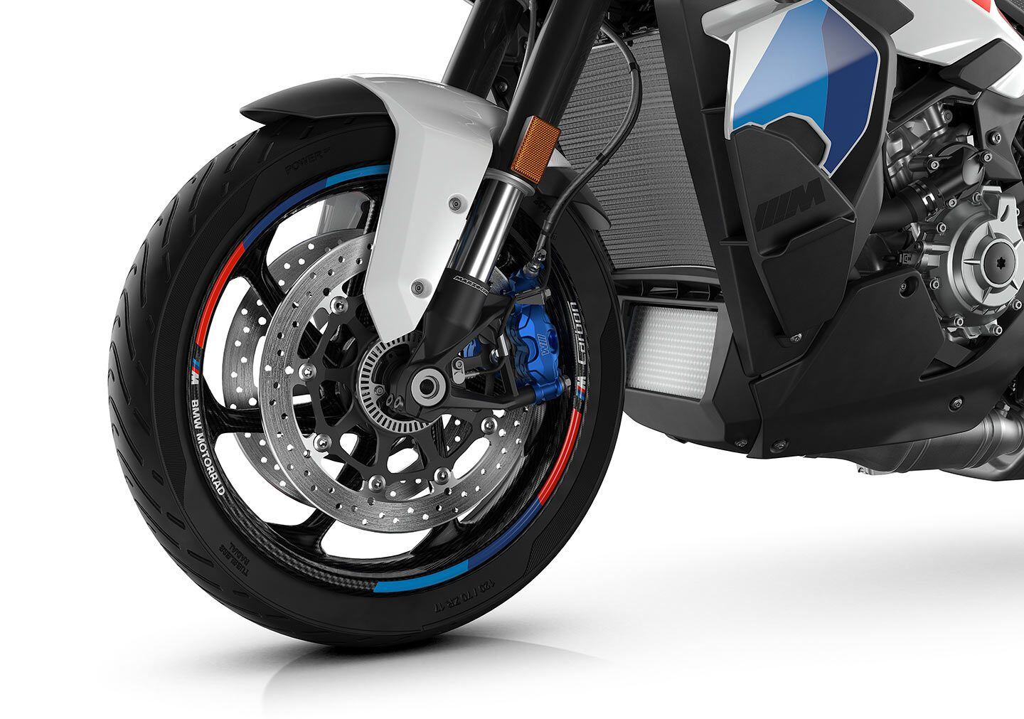 The newest M bike shares the distinctive blue calipers seen on the other two M models. The 45mm fork tubes offer separate compression and rebound functionality.