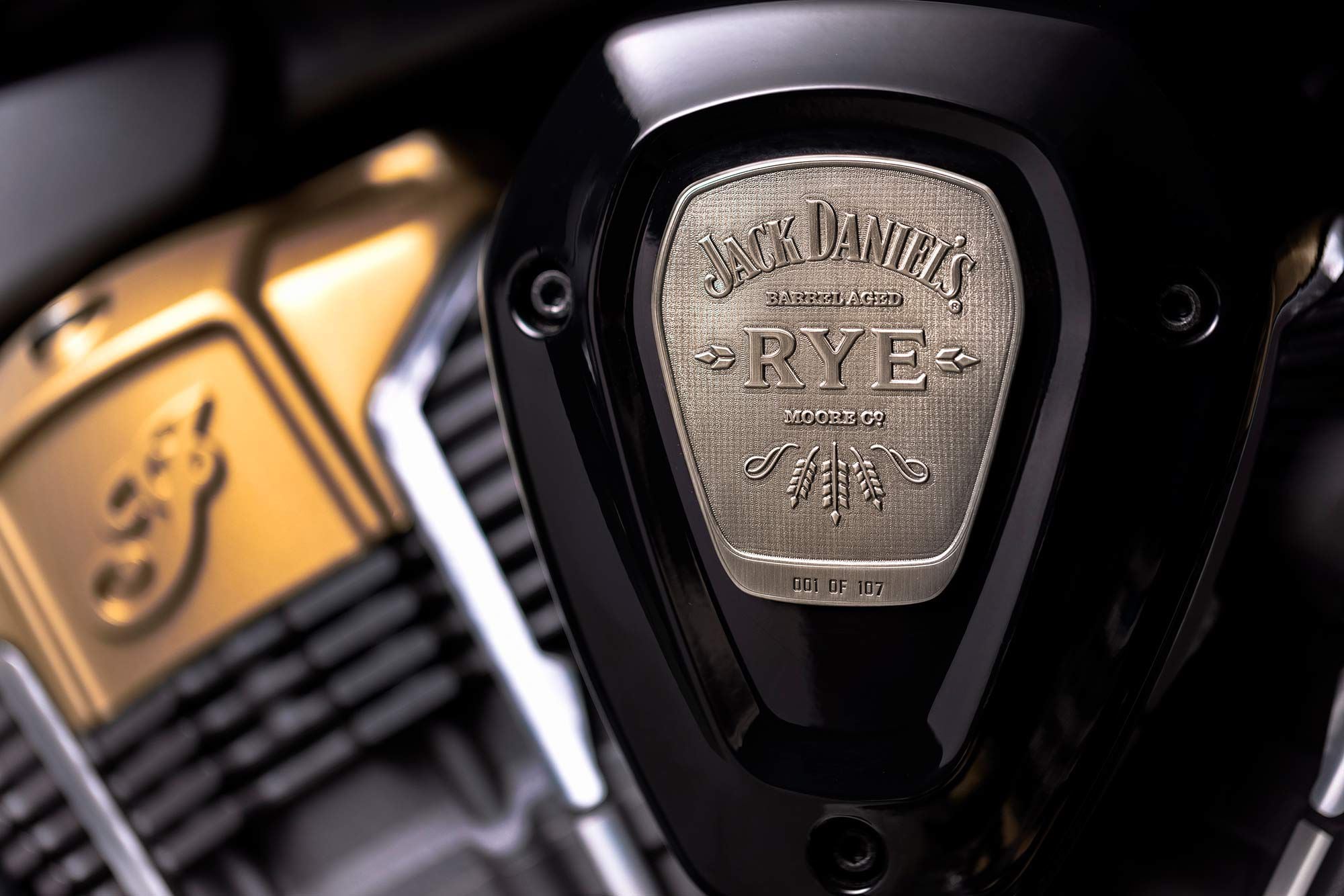 Special Jack Daniel’s Montana Silversmiths badges show the bike number…and what it’s celebrating.