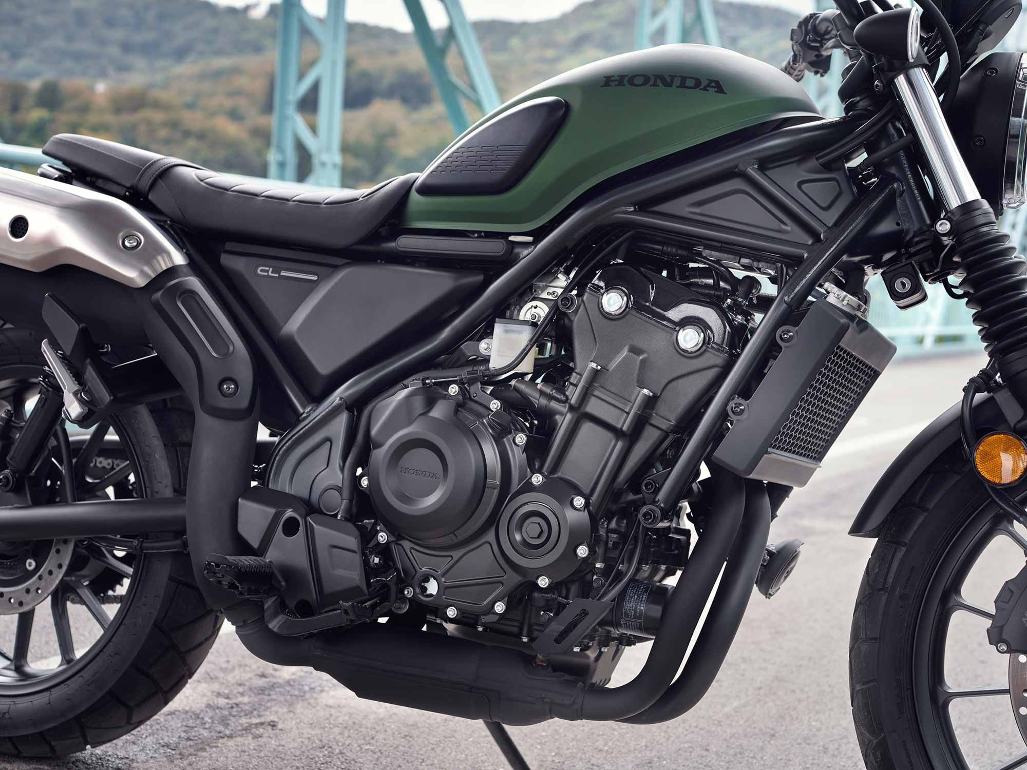 The 471cc engine is borrowed from the Rebel 500.