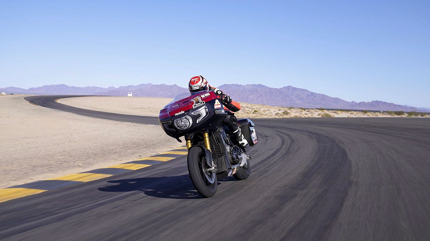 Indian says the outer fairing is an OEM piece of plastic pulled right from the production line. There are obvious modifications, such as the headlight insert, which helped with aerodynamics at tracks like Daytona. The beefy Öhlins fork is a modified version of the fork used on a Ducati Multistrada, though that’s being replaced for 2023.