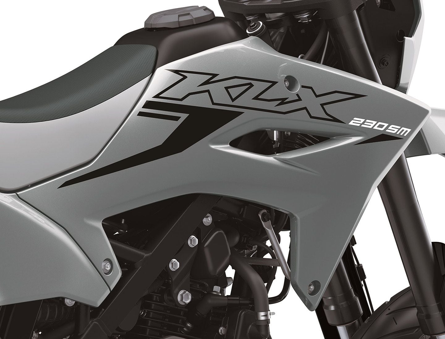 The redesigned tank and tank shrouds, pictured here on the KLX230SM ABS.